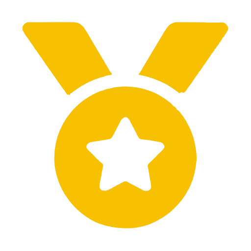 A gold medal with a star in the center and two ribbons at the top.