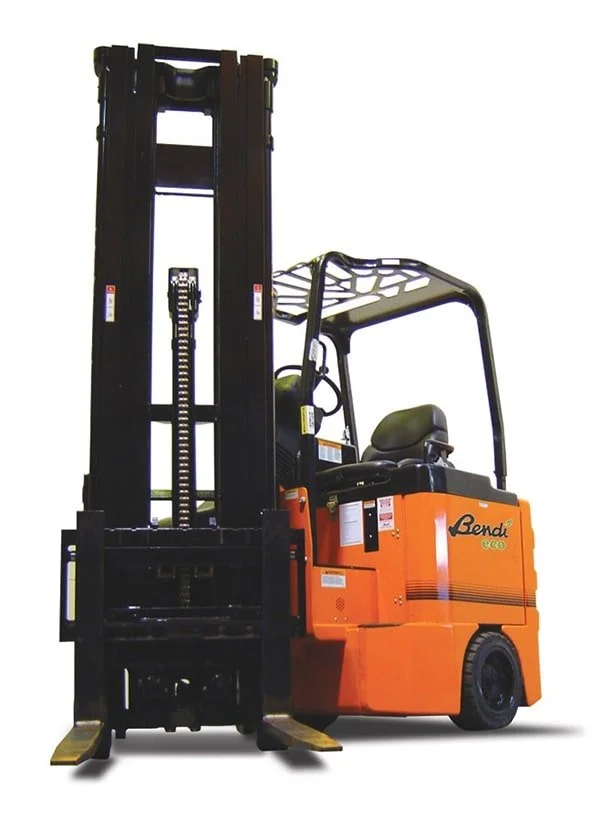 Orange and black electric forklift with a seat, steering wheel, and overhead guard, positioned against a white background.