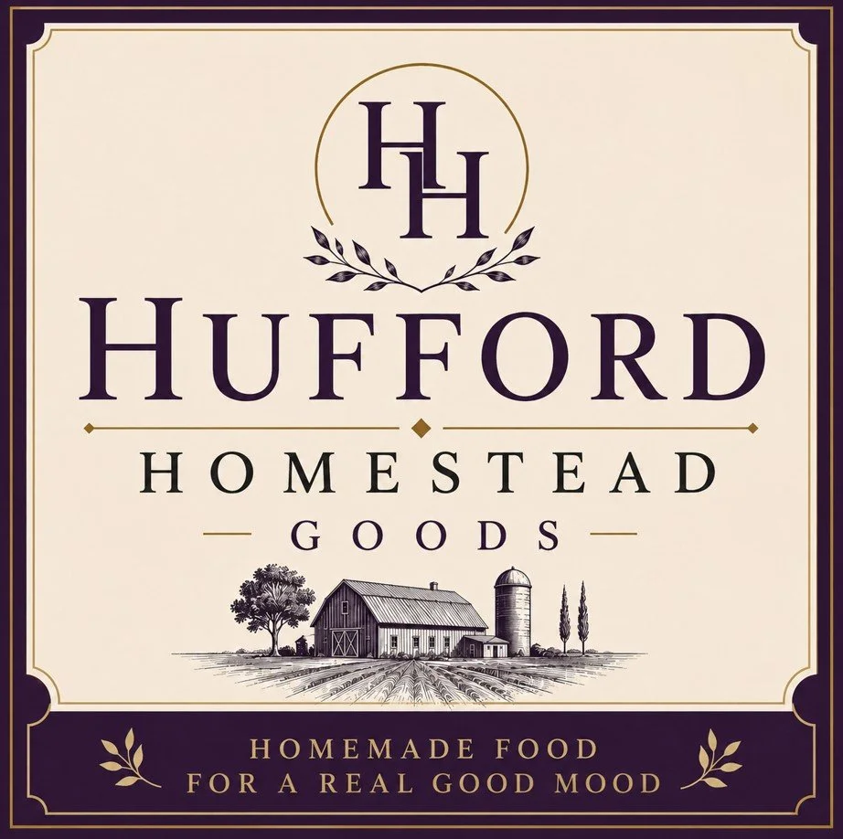 Design for Hufford Homestead Goods featuring a vintage farmhouse illustration with trees, a silo, and a field, with text promoting homemade food for a good mood.