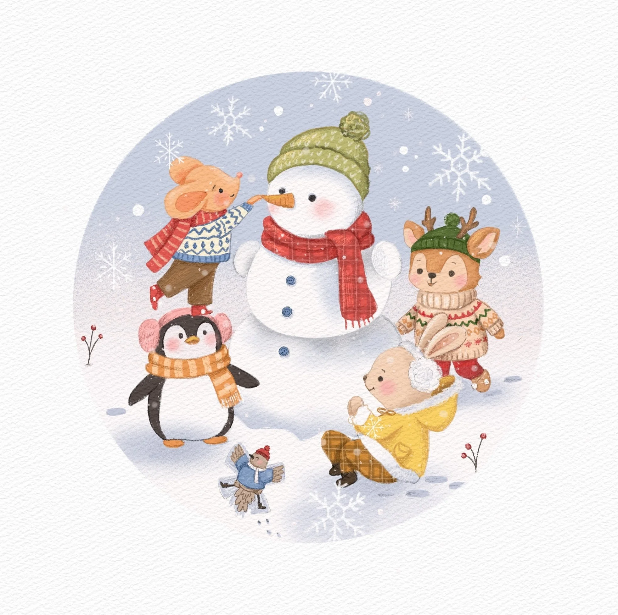 Illustration of a winter scene with a snowman, a pig, a reindeer, and a penguin, all dressed warmly with scarves, hats, and sweaters, amid snowflakes.