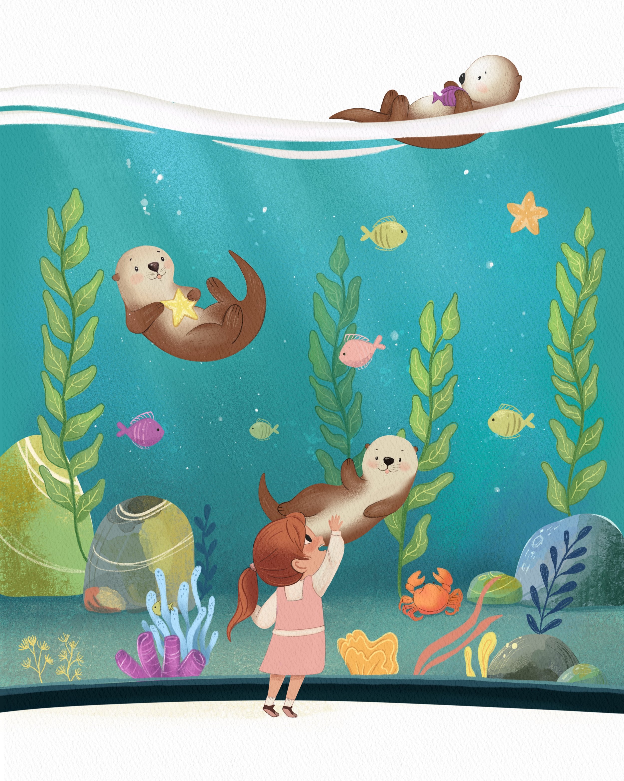 Illustration of a girl with brown hair in a pink dress and white socks talking underwater to two seals, one holding a starfish. Underwater scene has fish, starfish, crab, and colorful coral and plants.