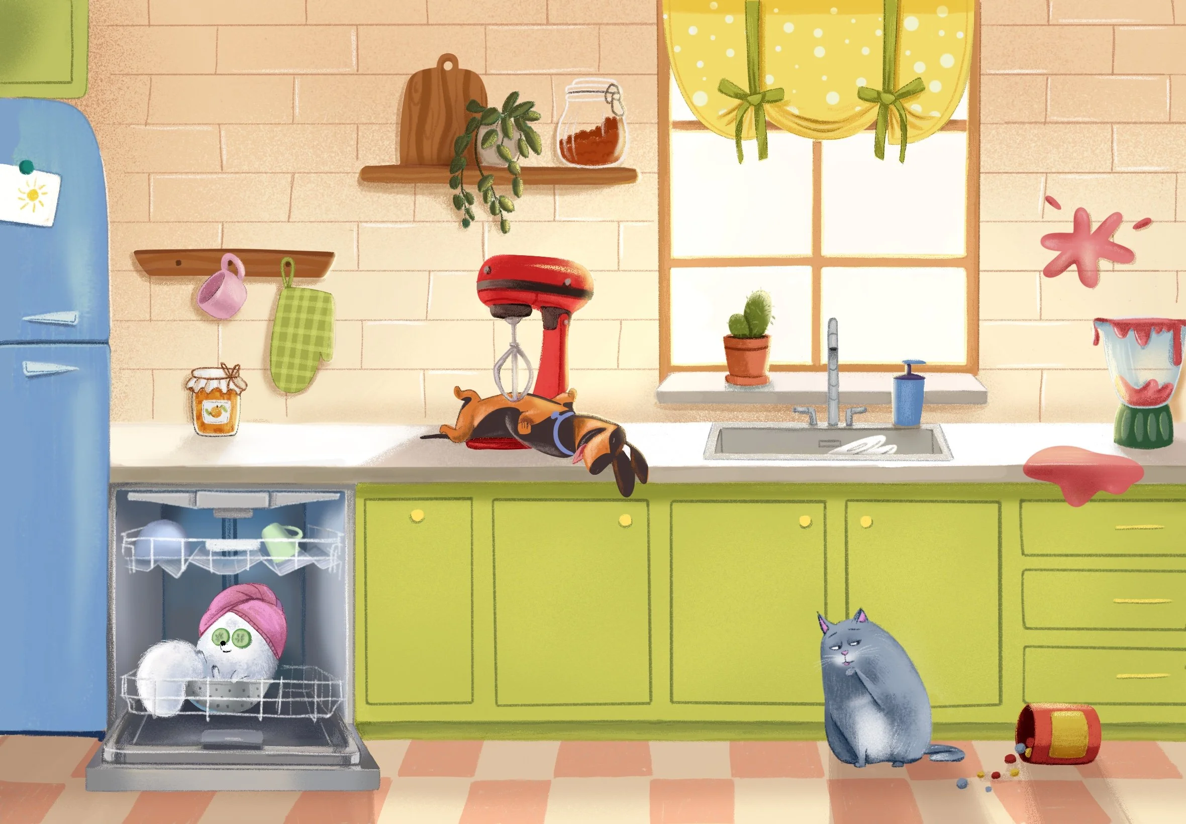 A colorful kitchen scene with a blue refrigerator, green and yellow cabinets, a window with yellow curtains, a red stand mixer with a dog sleeping underneath it, a gray cat sitting nearby, a wire basket with a cat inside, a jar of honey, a potted cac