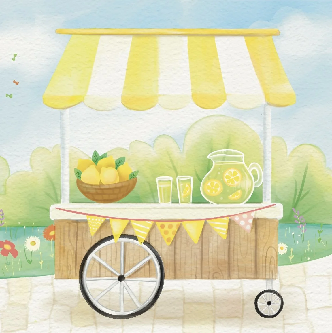 A lemonade stand with yellow and white striped canopy, decorated with yellow and pink bunting, displaying a pitcher and glasses of lemon water and a basket of lemons, set against a garden background.