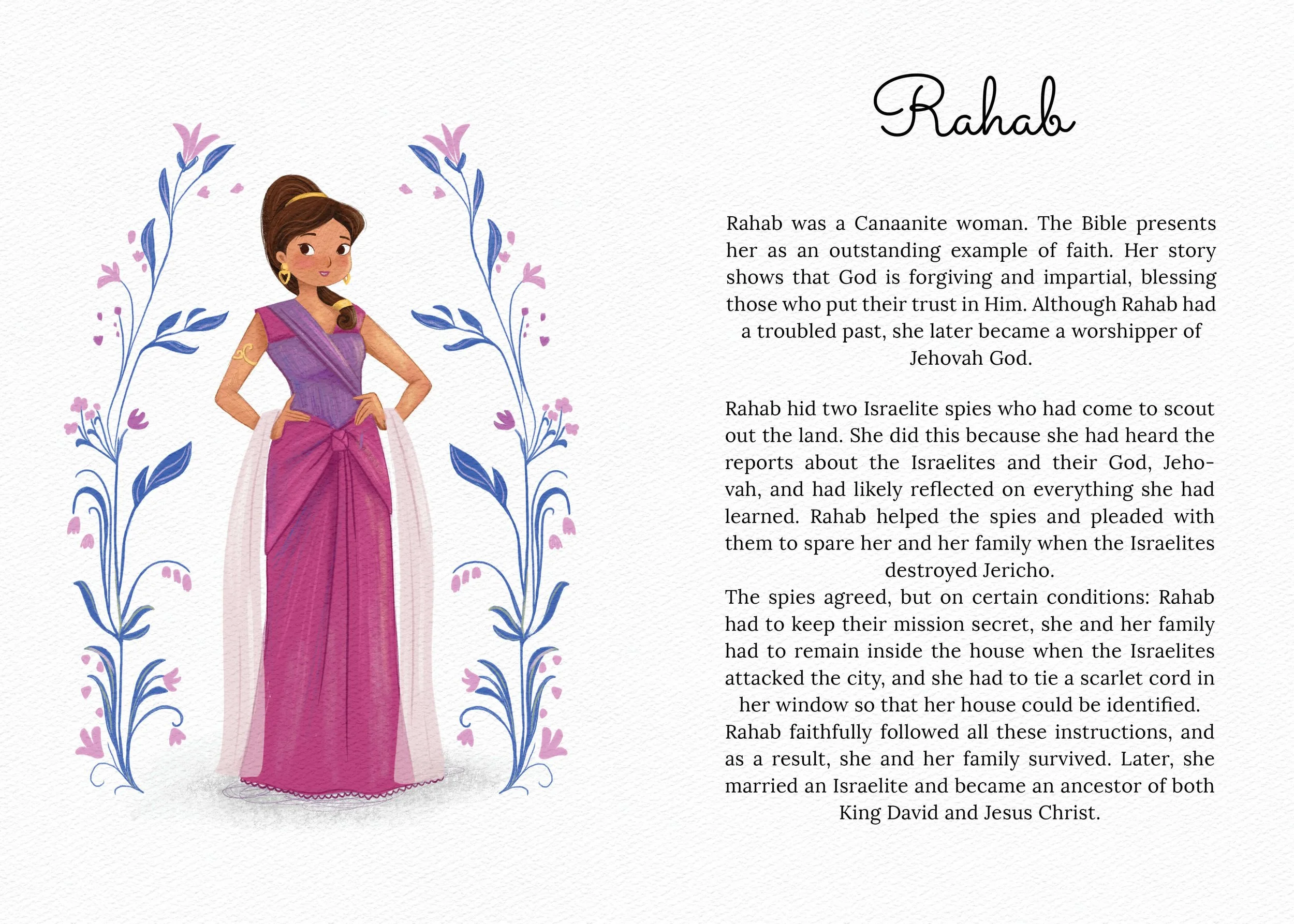 Illustration of a woman in traditional purple and pink attire with floral decorations on both sides, with text about Rahab on the right side.