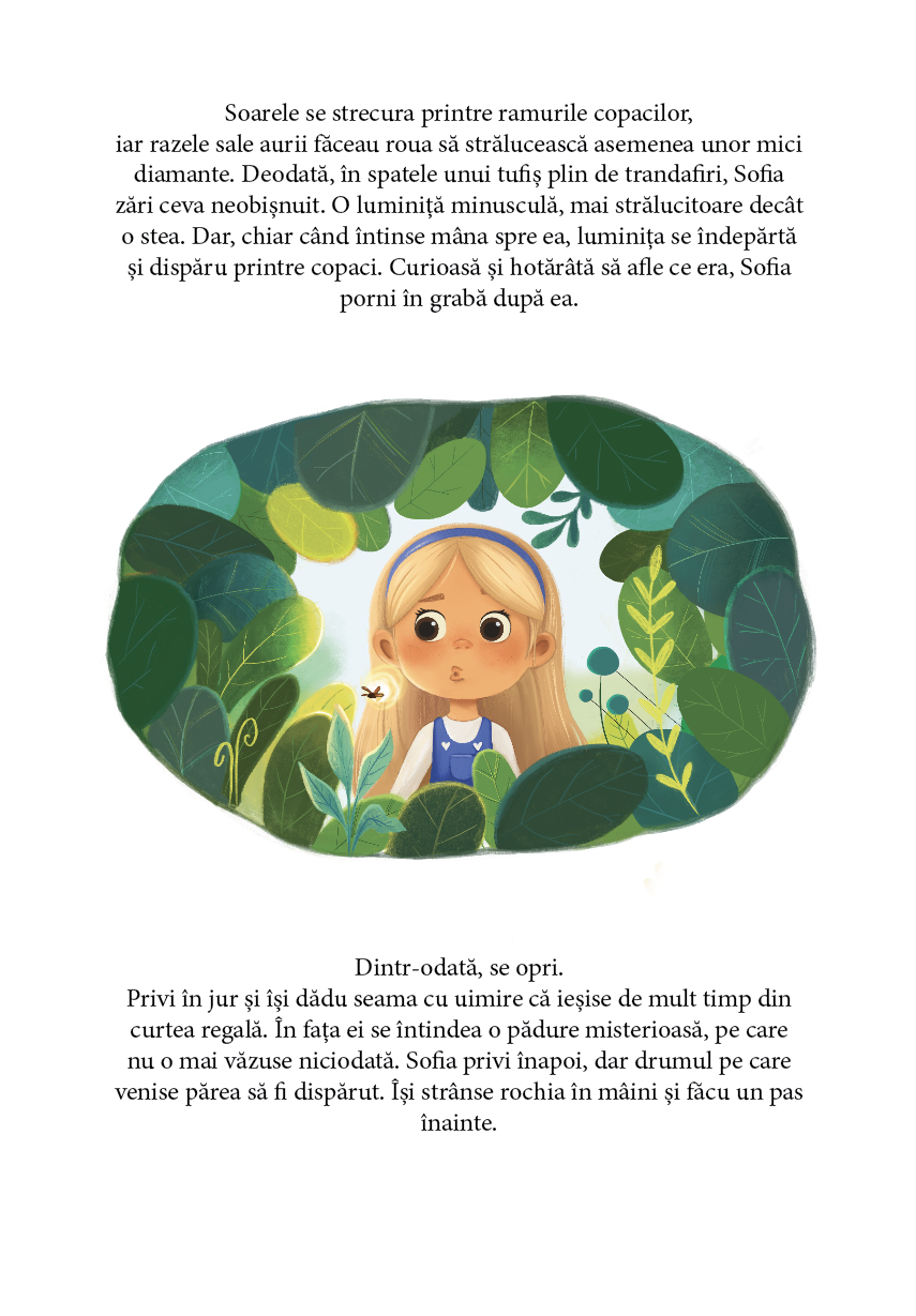 A young girl with blonde hair and a blue headband, wearing a white shirt and blue overalls, standing amidst green leaves and plants, looking curious and thoughtful. The scene is vibrant and lush, set within a dense, leafy environment.