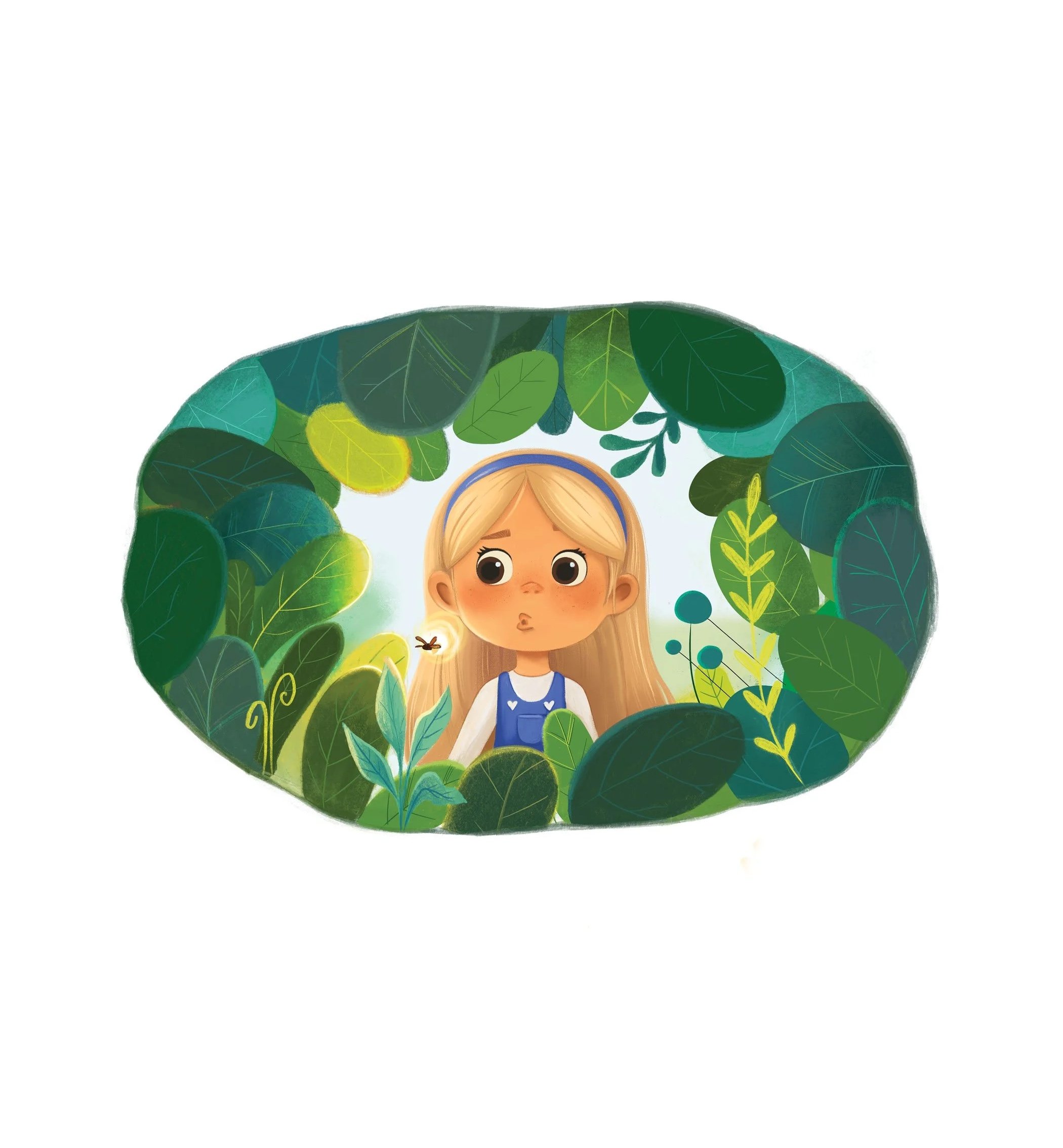 Illustration of a young girl with blonde hair wearing a blue dress with white sleeves and a blue headband, surrounded by lush green leaves and plants, forming a wreath shape.