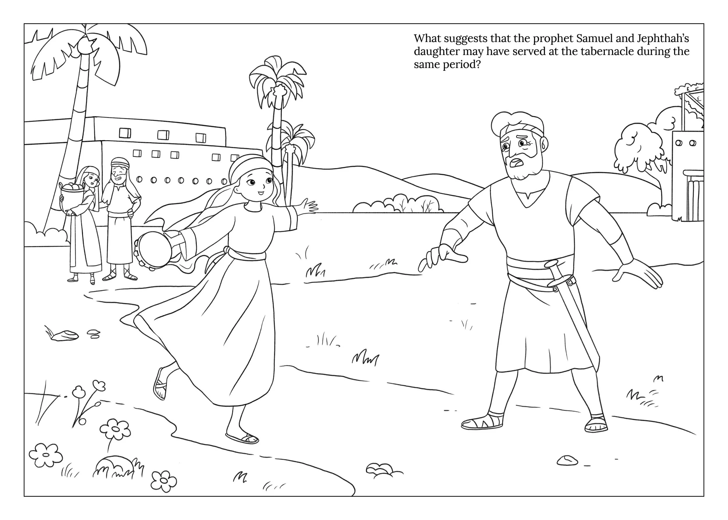Black and white illustration of a biblical scene with a young girl and an older man in a landscape with trees, hills, and buildings in the background. The girl is dressed in a long gown with outstretched arms, and the man is wearing a tunic and sanda
