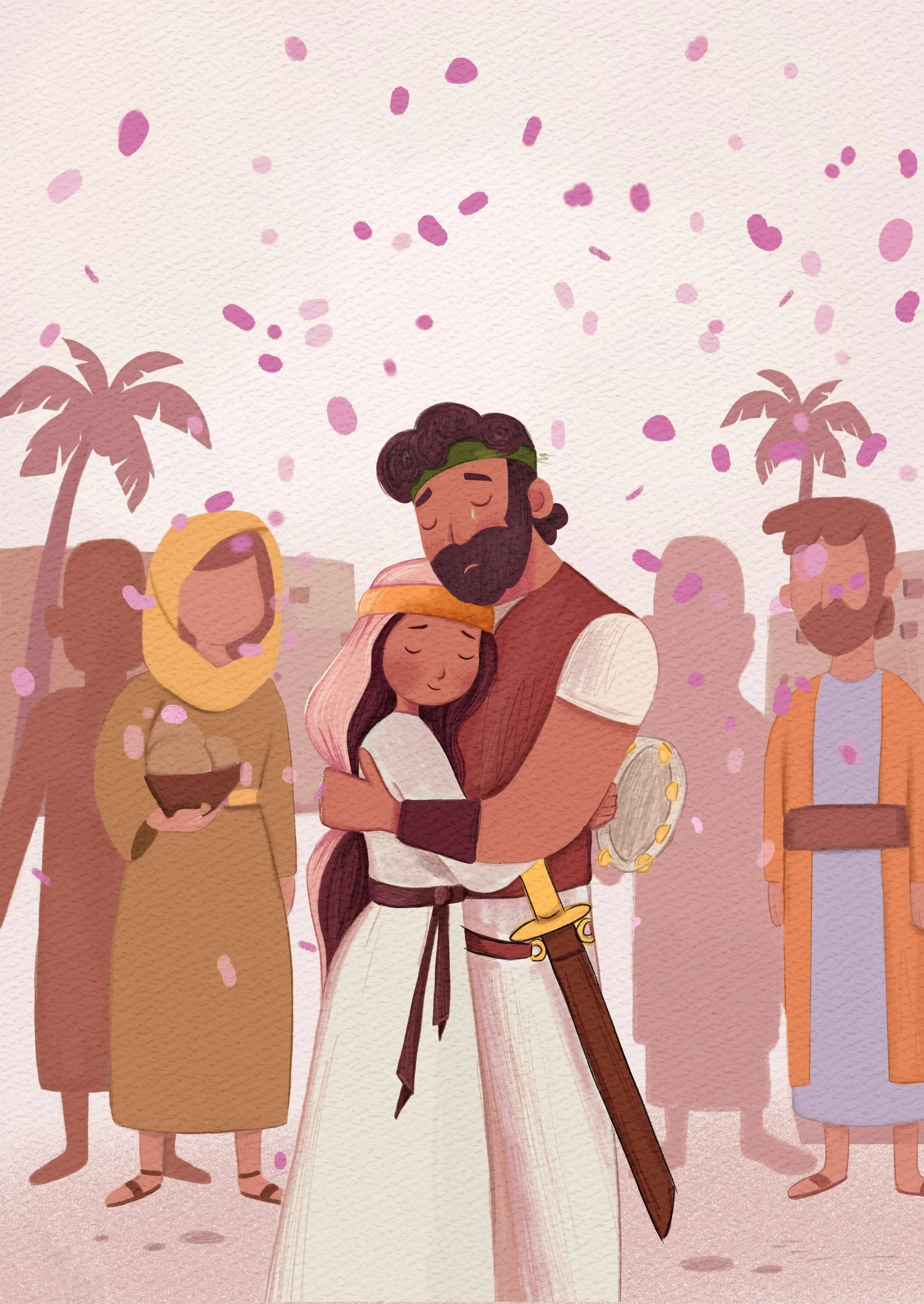 Illustration of a man in medieval armor hugging a woman with closed eyes, surrounded by people and palm trees, with pink confetti in the sky.