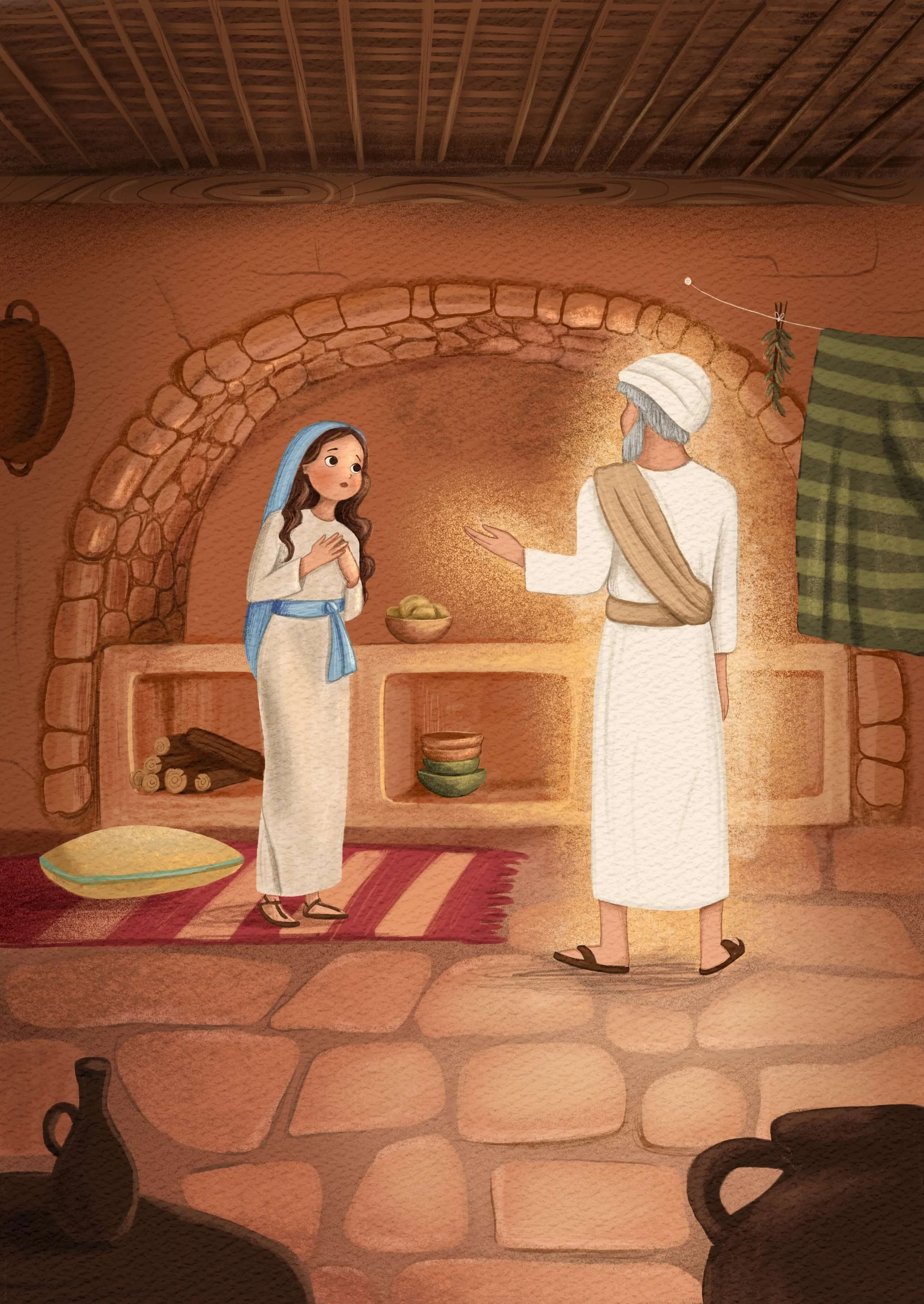 A biblical scene illustrating the Annunciation, with a girl in a white dress and blue headscarf, and an older man in a white robe and turban, inside a rustic stone room with a wooden ceiling. The man is speaking to the girl, who appears to be surpris