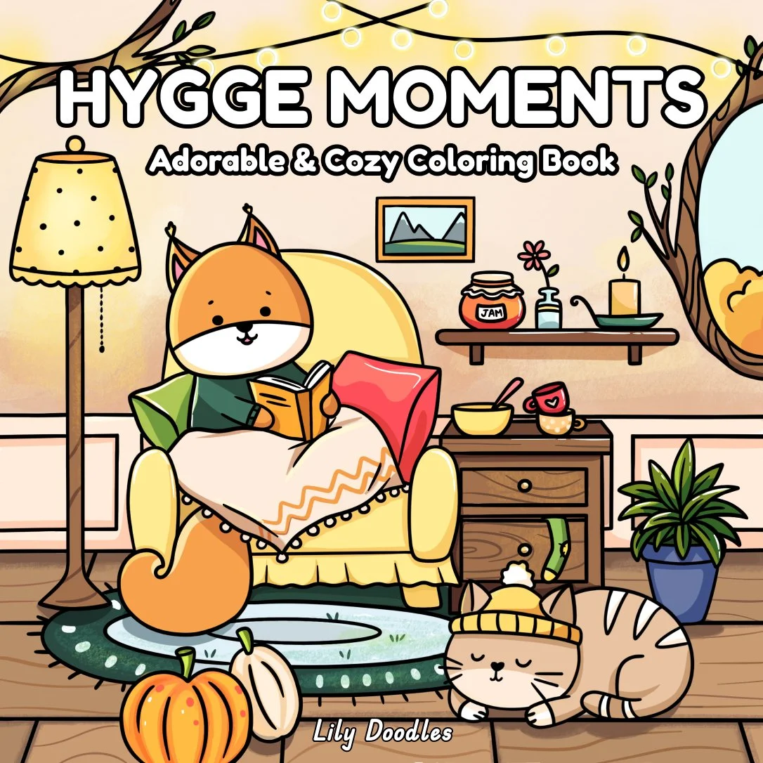 Book Cover of "Hygge Moments" coloring book.