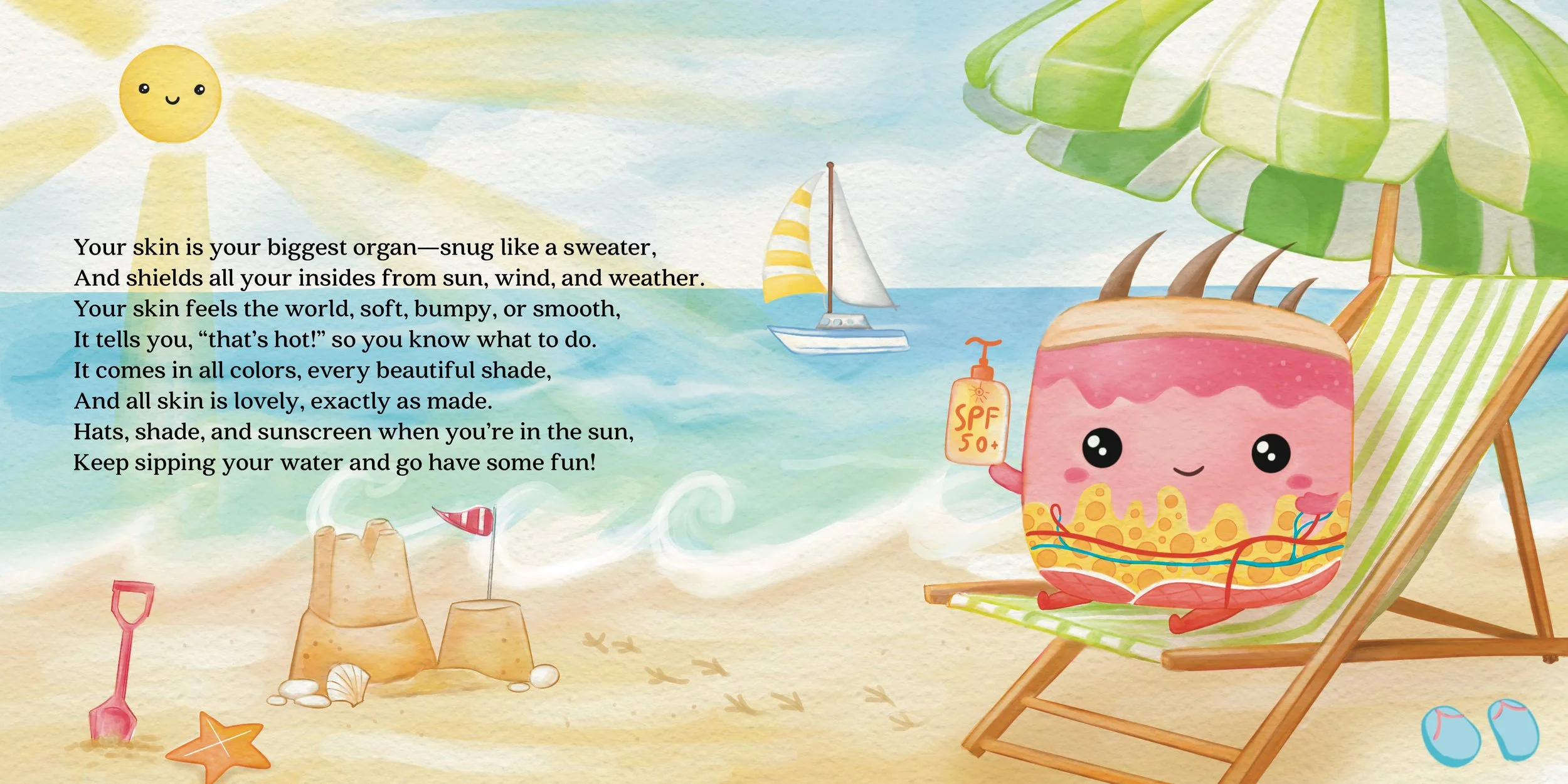 A colorful, illustrated summer beach scene featuring a smiling pink sandcastle character with sunglasses, a green and white striped umbrella, a beach chair, a sailboat on the water, and various beach toys like shovels, starfish, and a surfboard. The 