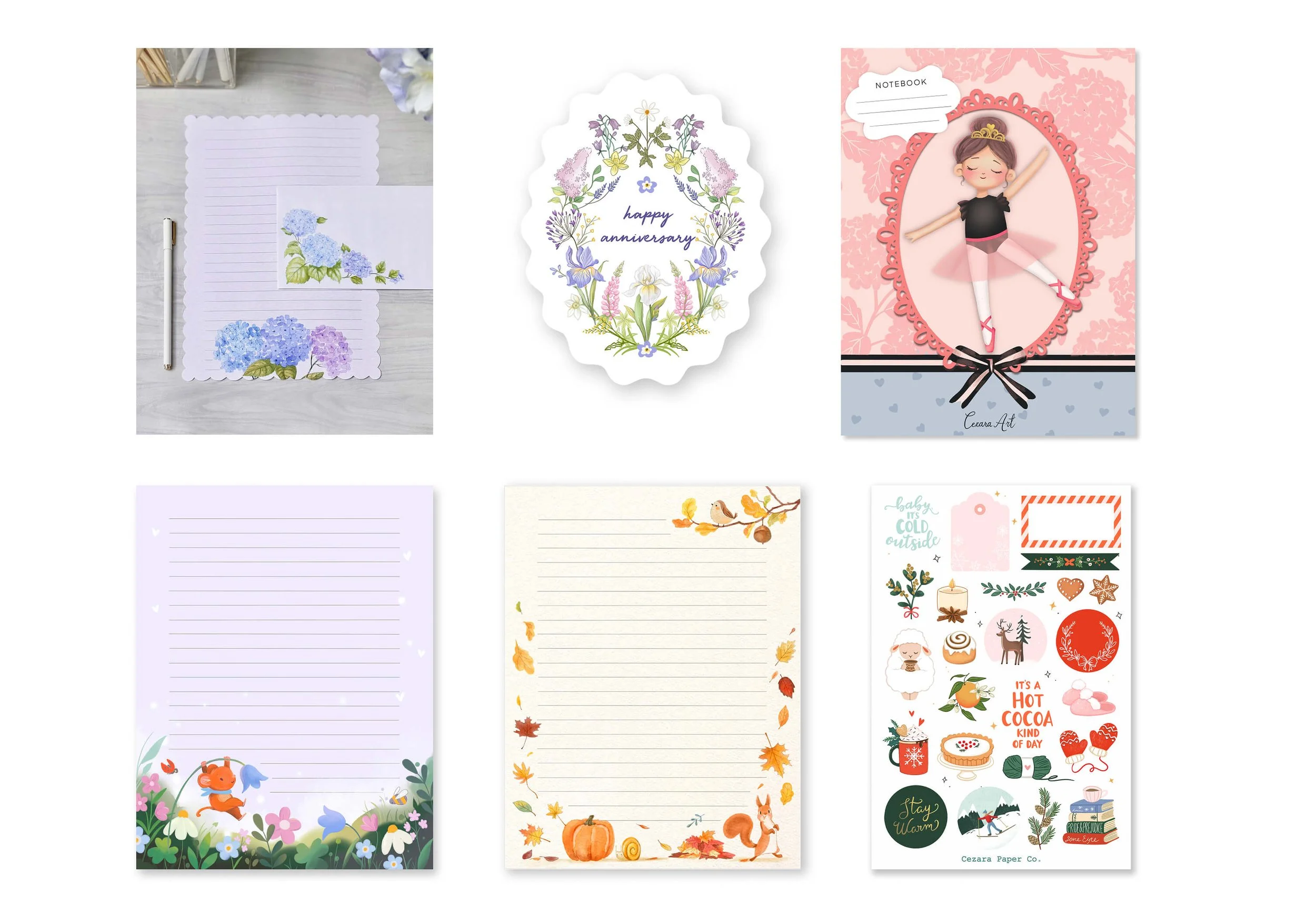 Collection of colorful stationery with floral, autumn, and holiday themes, including notebooks, cards, and decorative paper.