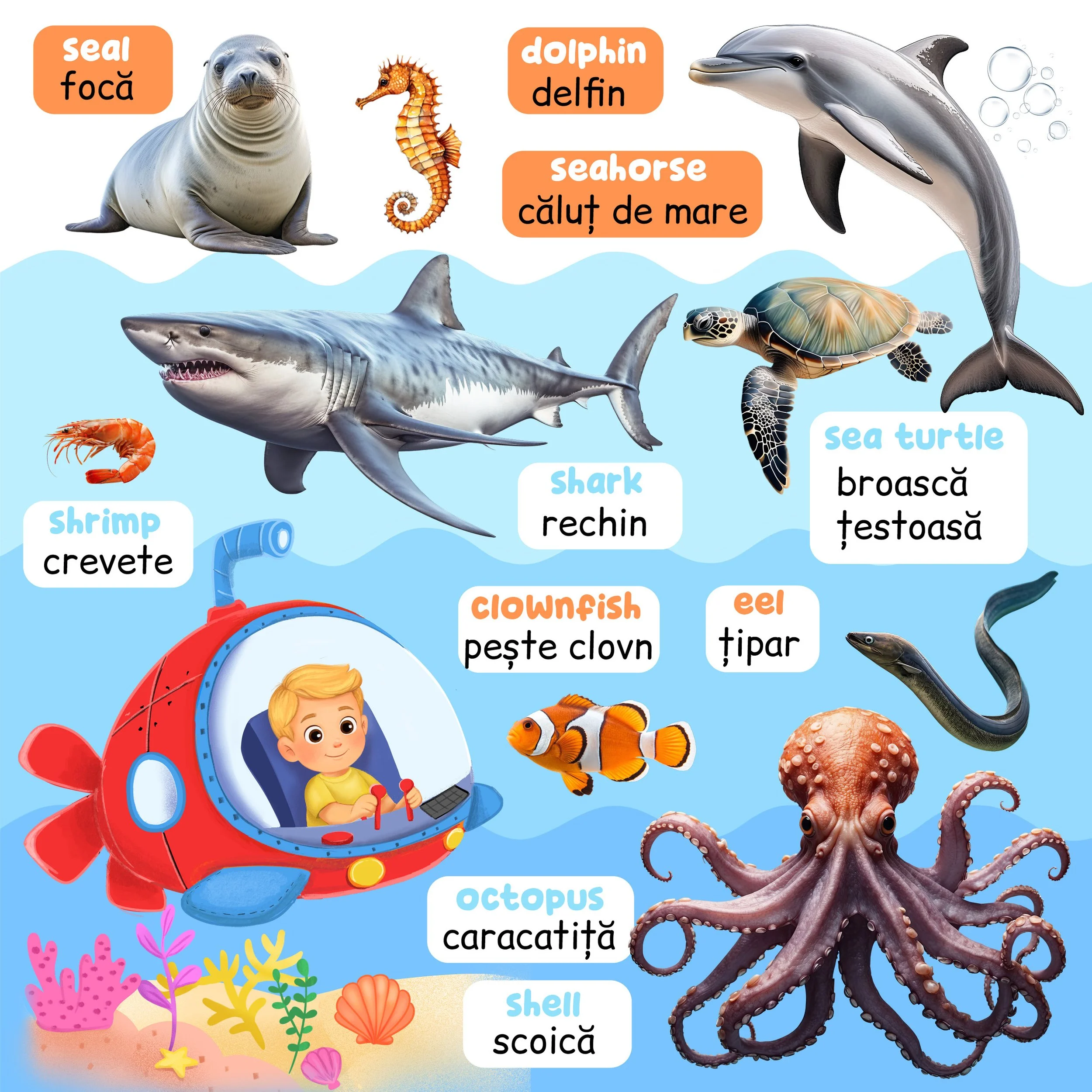 Colorful educational illustration of sea animals with their names in English and Romanian, including a seal, seahorse, dolphin, shark, octopus, sea turtle, shrimp, clownfish, eel, and shell, depicted in a cartoon style with a sea and coral background