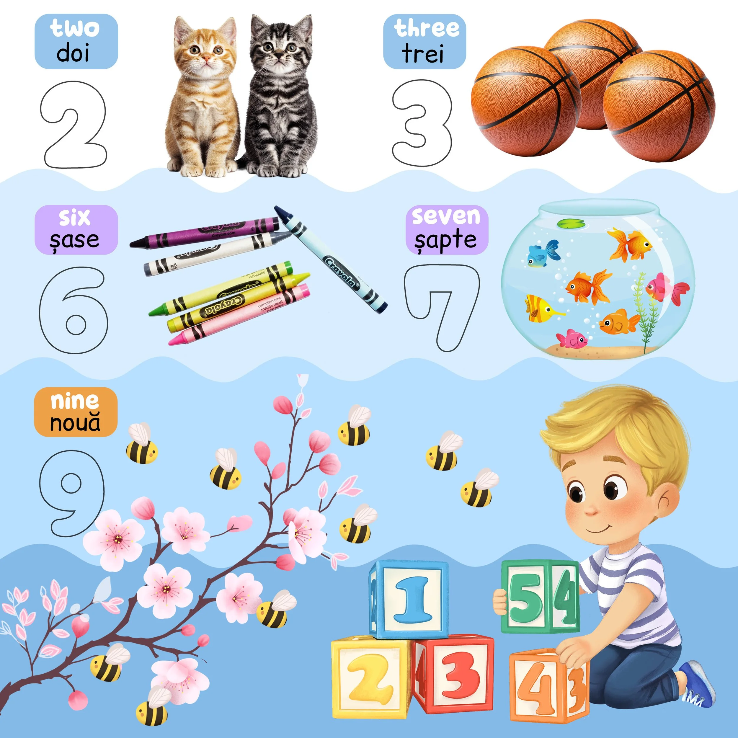 Children playing with number blocks, a boy in a striped shirt stacking blocks numbered 1 to 5, cartoon fish swimming in a glass bowl, a pink cherry blossom tree, and a bee buzzing around on a blue background.
