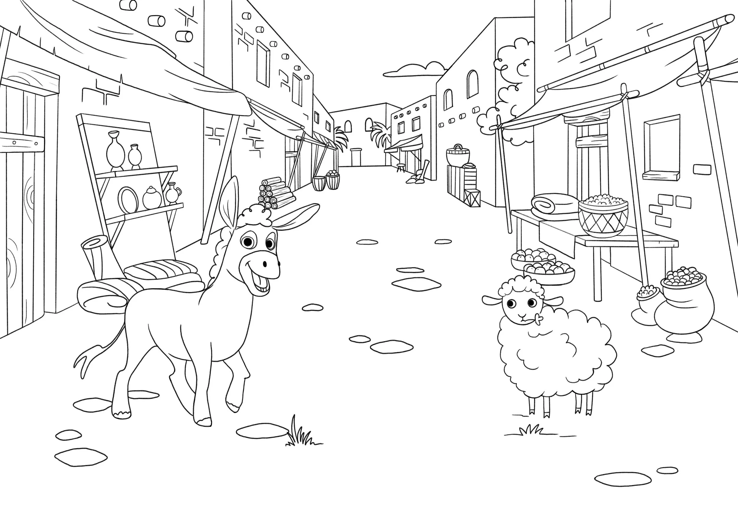Black and white line drawing of a street scene with animals and market stalls, including a smiling horse, a fluffy sheep, and market goods in baskets and shelves.