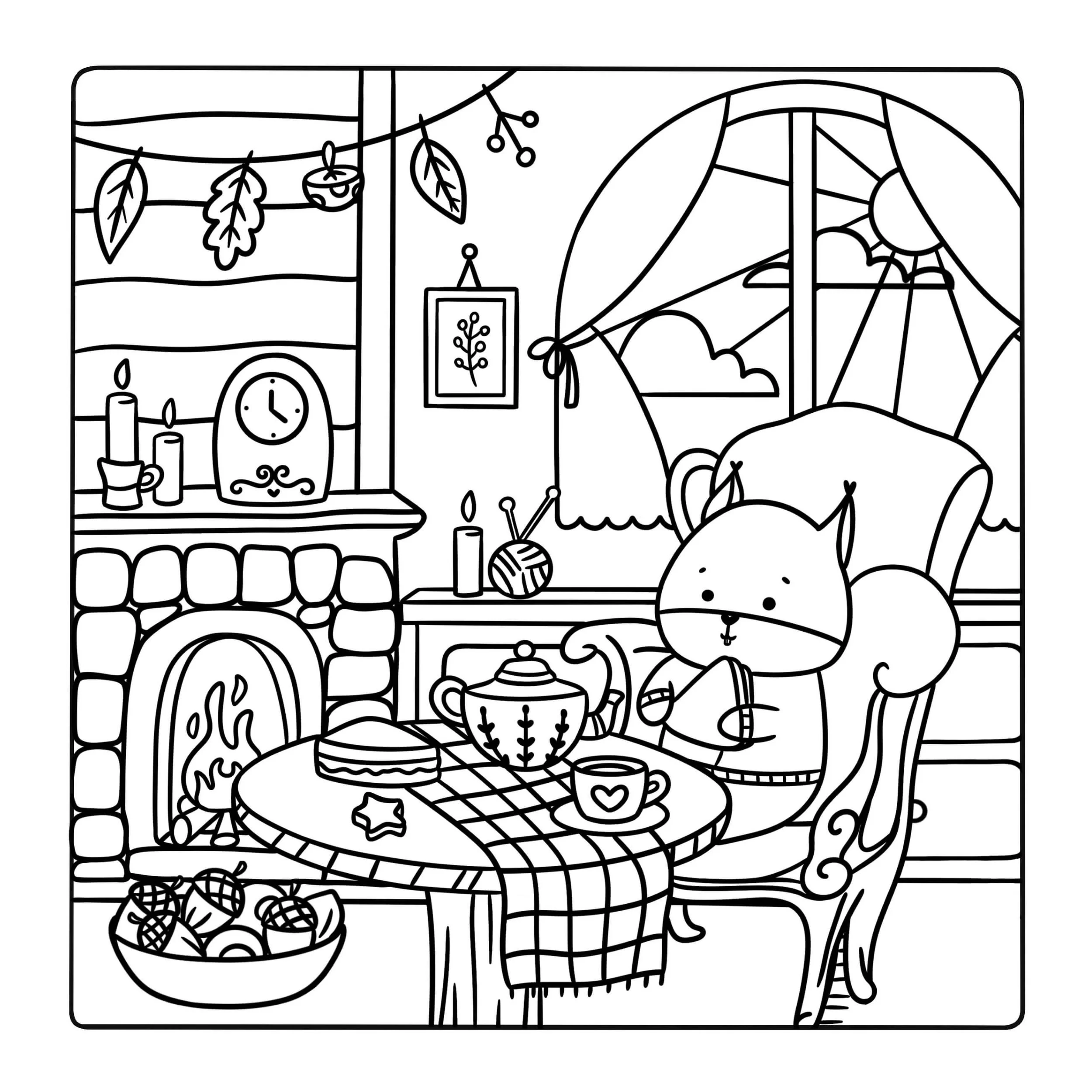 A black and white line drawing of a cozy kitchen scene with hanging herbs, a clock, candles, a teapot, a basket of yarn, and a cat sitting on a table, with an open window revealing a scenic outdoor view.