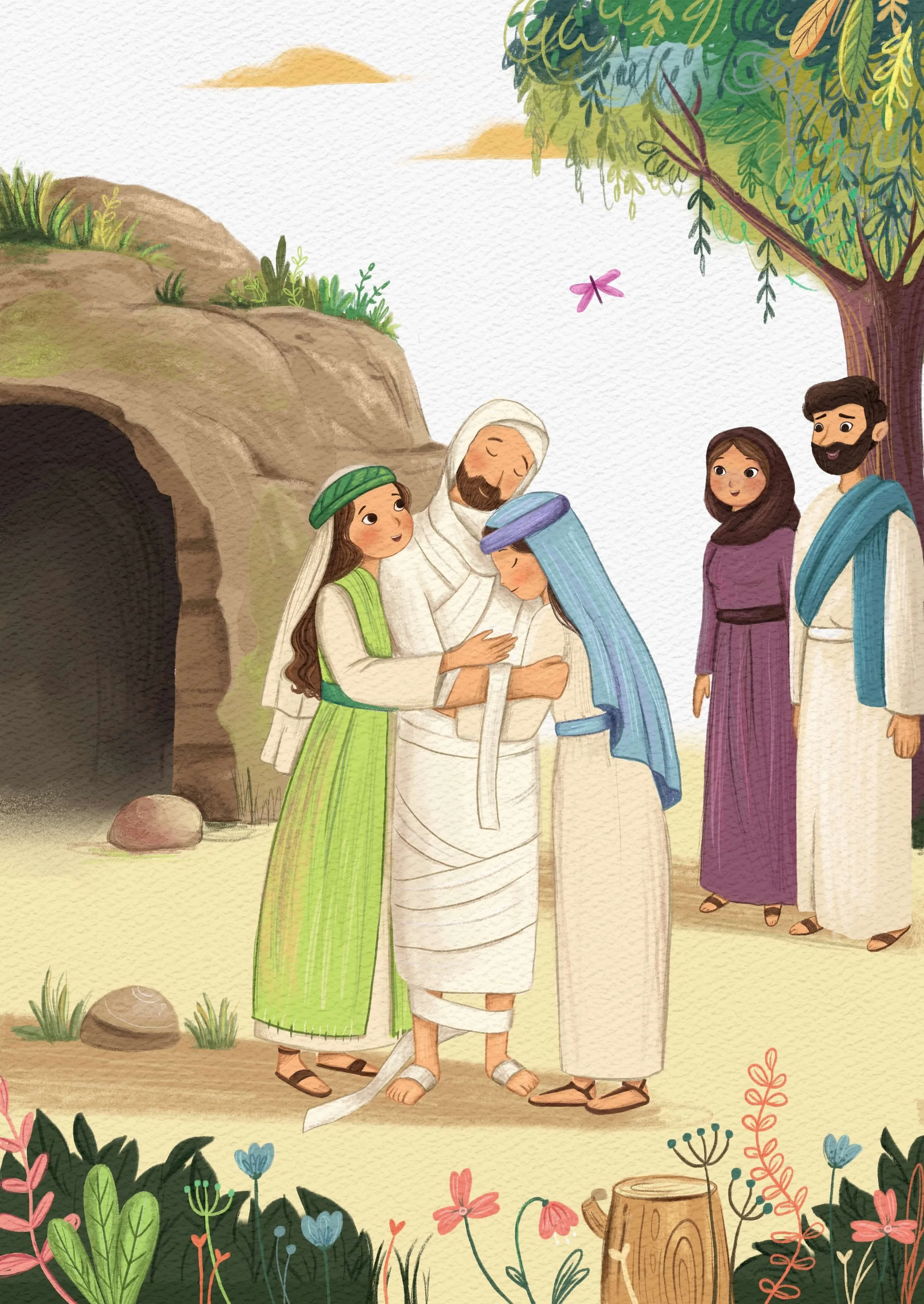 Illustration depicting the resurrection of Lazarus, surrounded by flowers and greenery, with a cave entrance in the background.