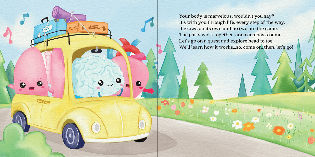 A cartoon illustration of a yellow car with happy facial features on its front, carrying anthropomorphic laundry items including a bottle, a box, and a fluffy towel, all with smiling faces. The background features green trees, colorful flowers, and a