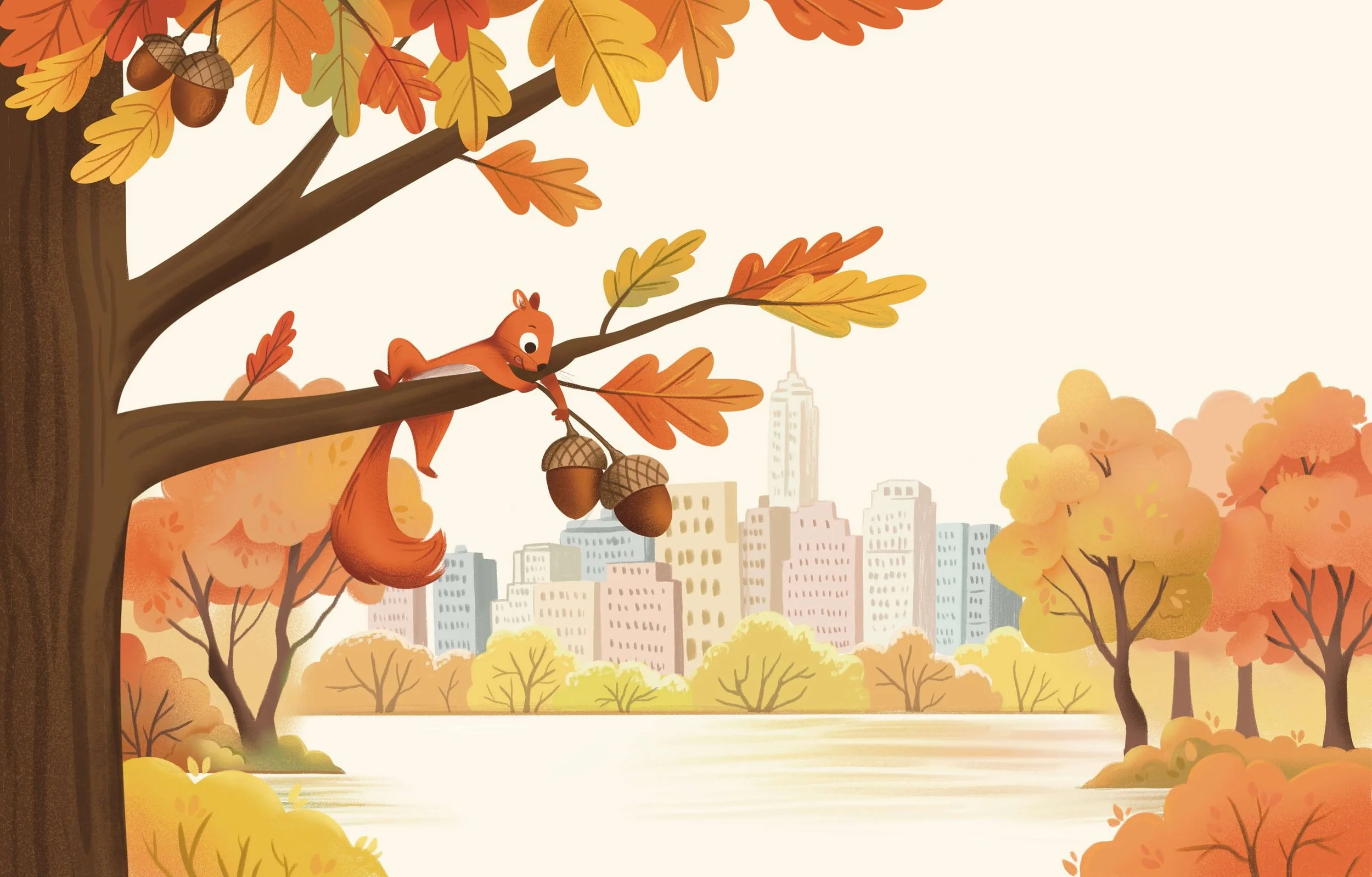 A cartoon squirrel sitting on a tree branch with autumn leaves in orange, yellow, and brown, holding an acorn and looking at another acorn hanging nearby. In the background, city buildings are visible under a pale sky.