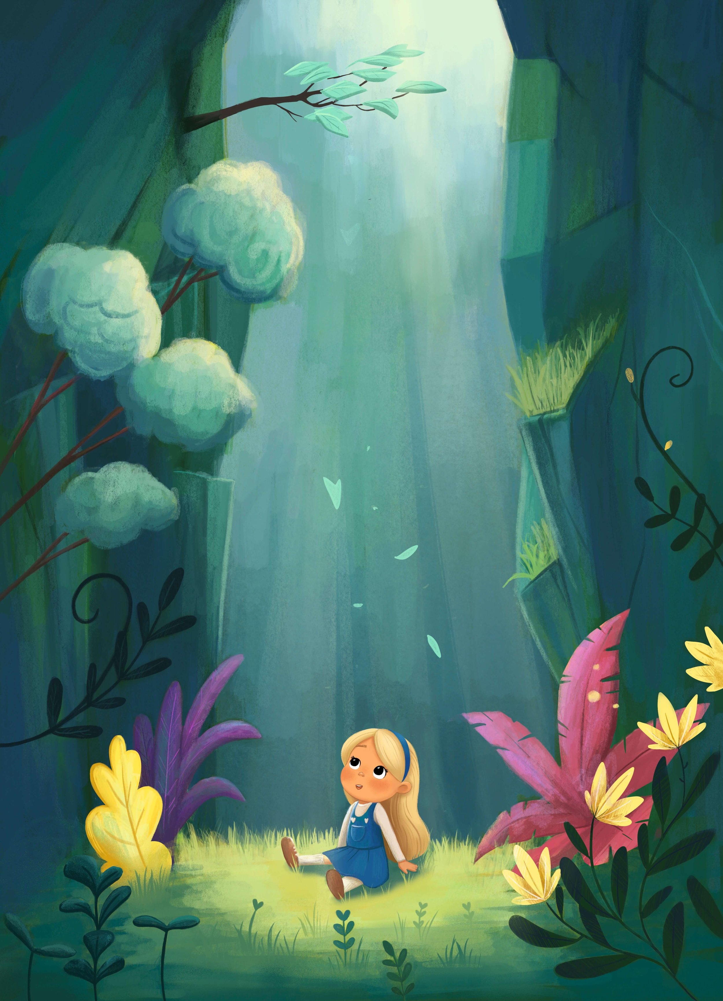 A young girl with long blonde hair sitting on grass in a lush, green forest, surrounded by colorful flowers and tall plants, with soft sunlight filtering through the trees.