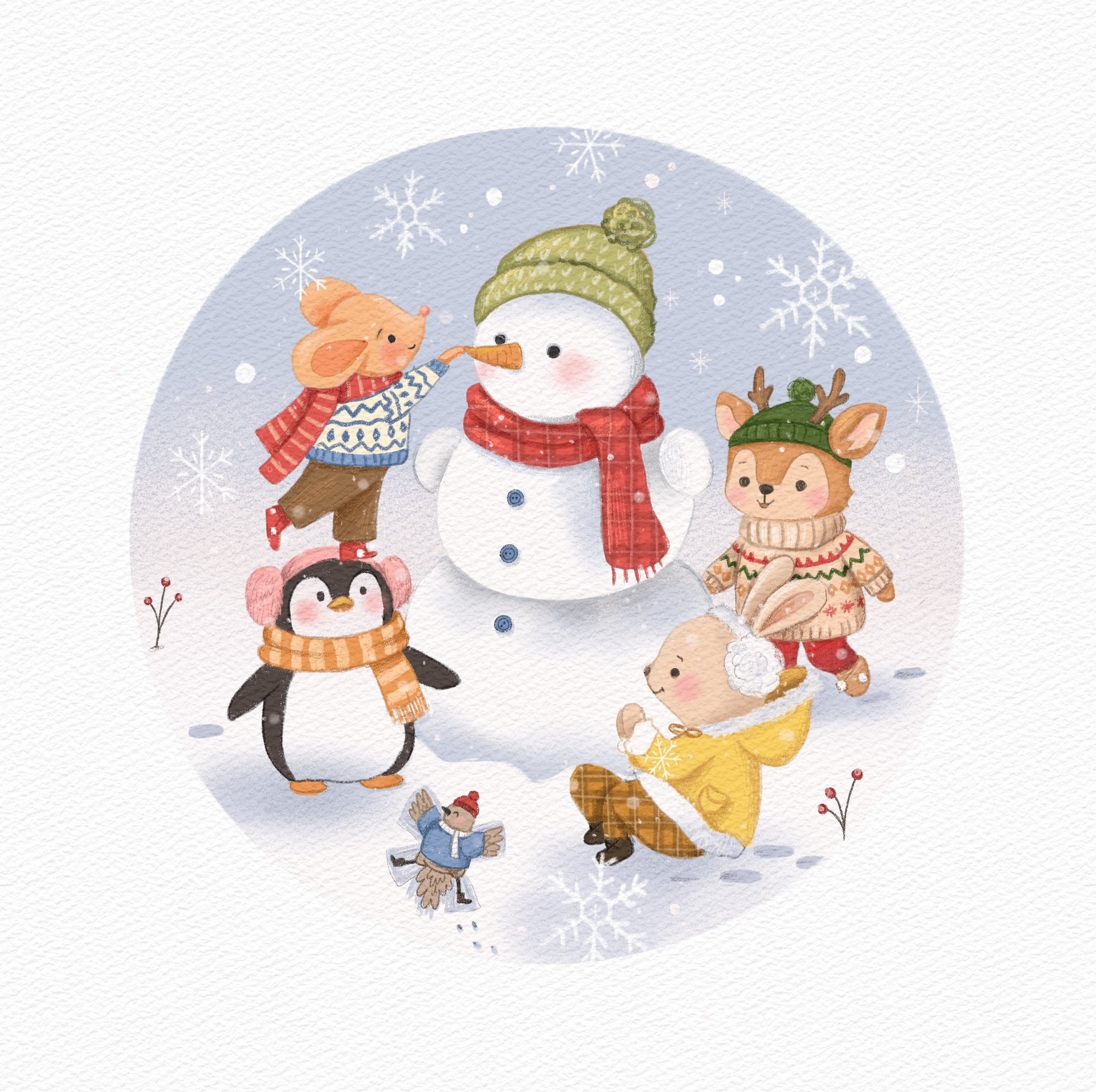 Watercolor illustration of cute animals building a snowman together, surrounded by snowflakes. The animals include a mouse, a reindeer, a penguin, and a bird, all wearing winter clothing like scarves, hats, and sweaters.