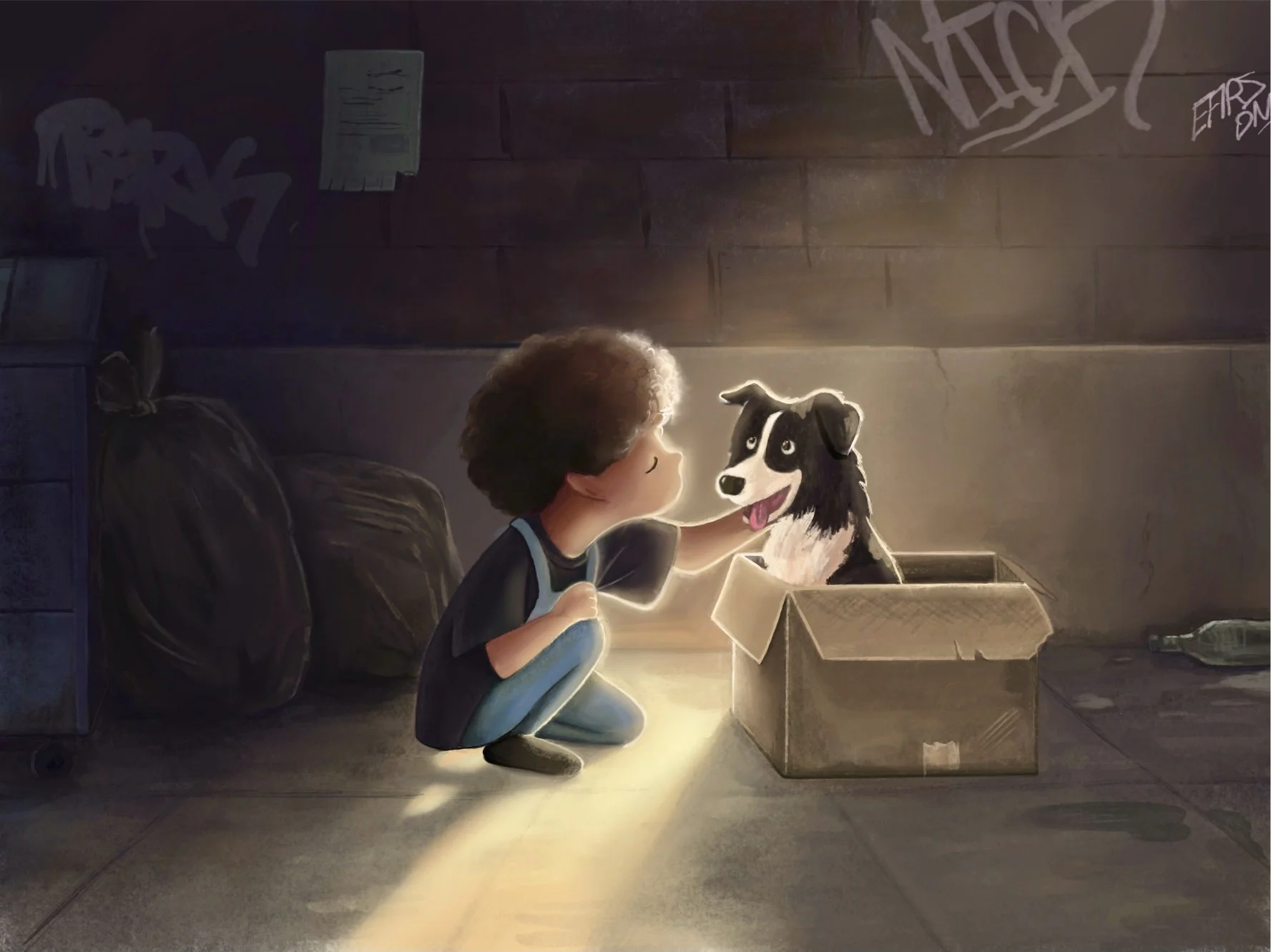 A child kneeling in an attic, opening a cardboard box with a black-and-white dog figurine inside, illuminated by a warm light.