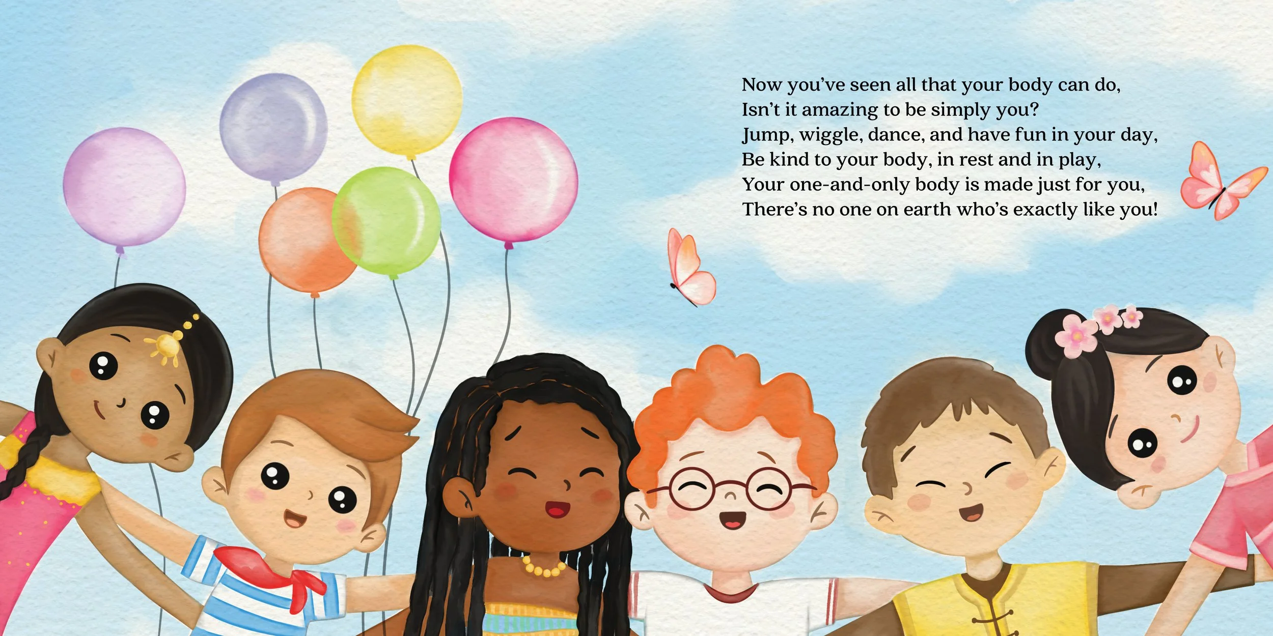 A group of diverse children holding hands and smiling, with colorful balloons in the sky and a poem about body self-love and appreciation.