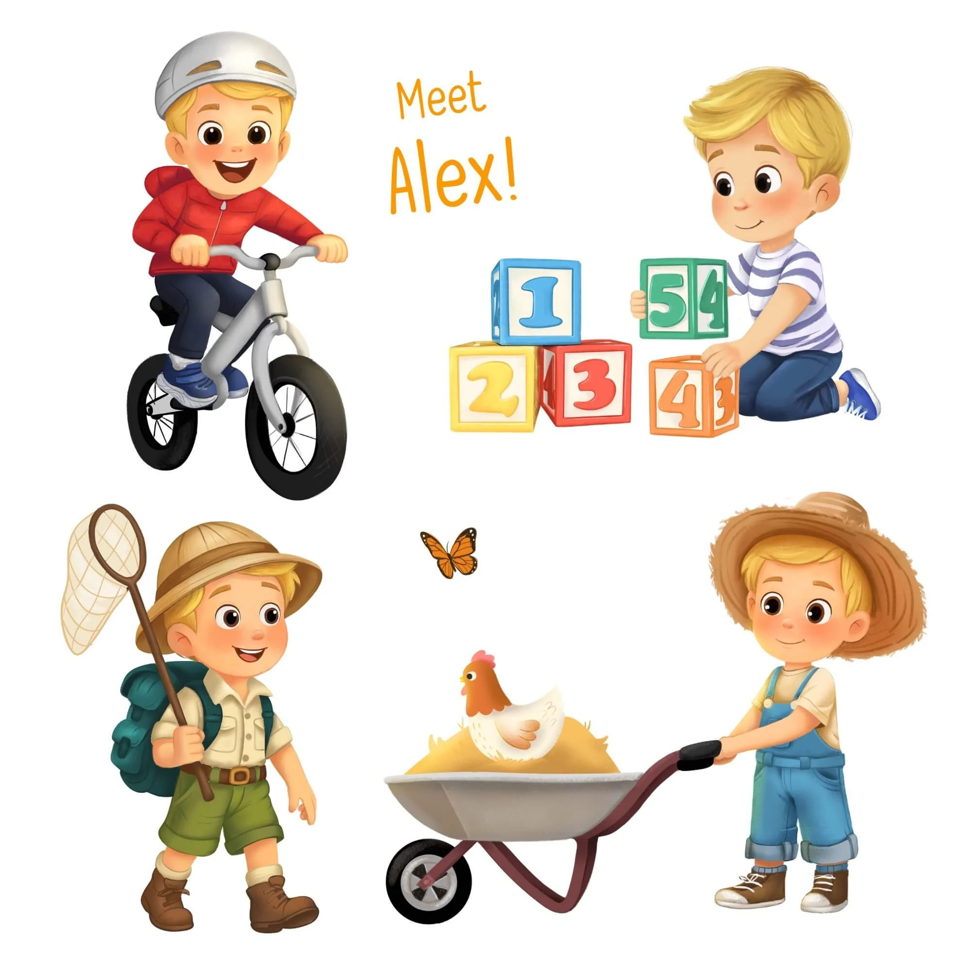 Different poses of a character, a young boy with blonde hair.