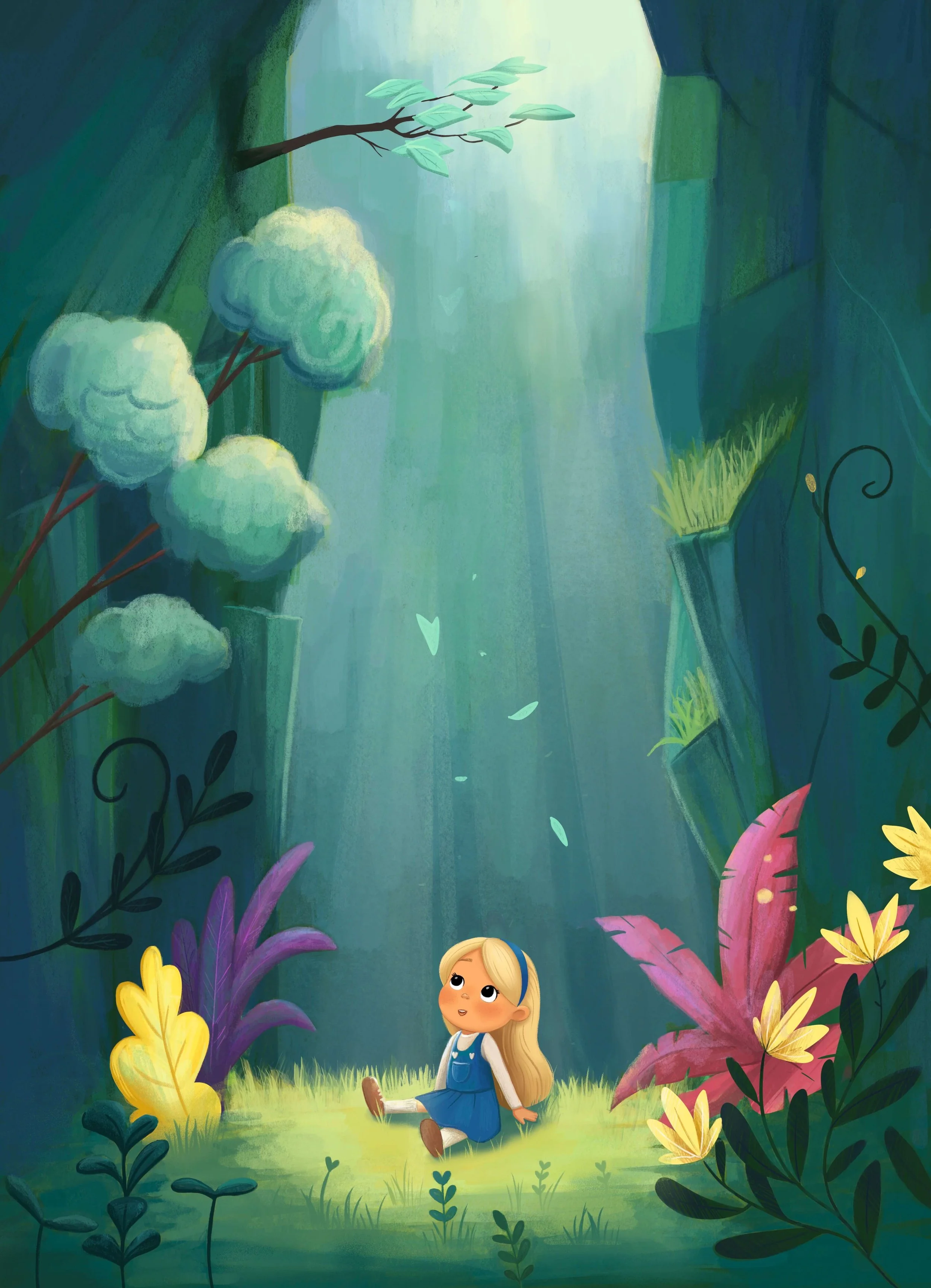 Animated girl sitting on grass in a lush, green forest with large colorful plants and trees, looking up at a glowing light source.
