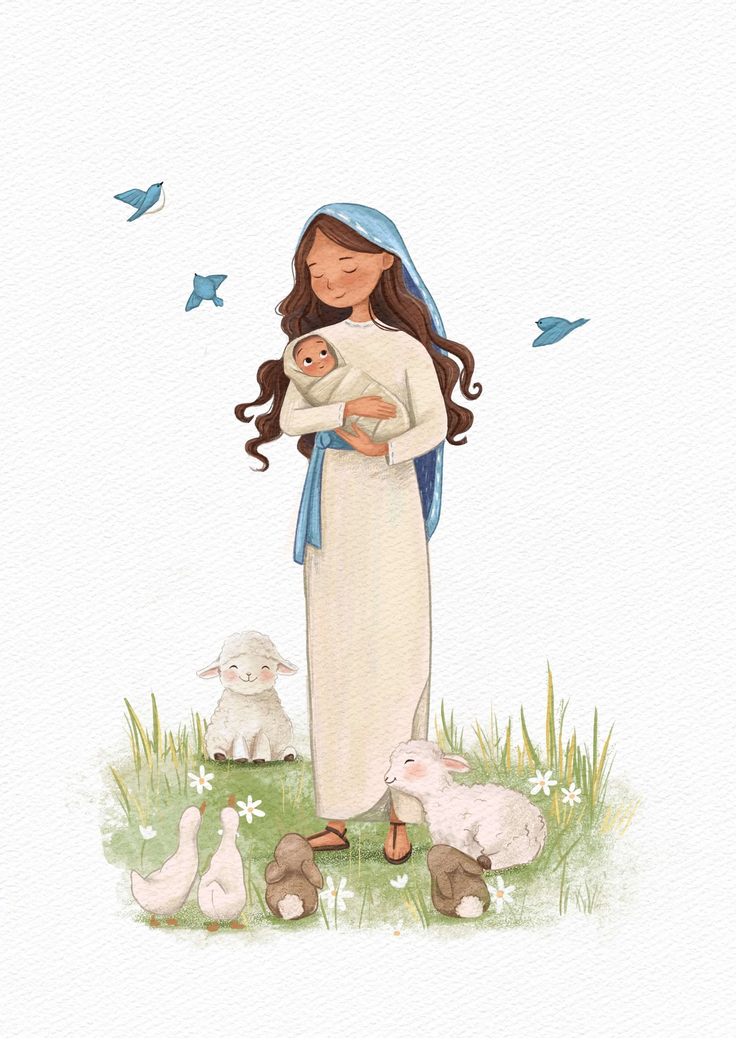 Drawing of Mary, Jesus Mother,  with long brown hair standing in a grassy field with sheep, rabbits, and birds around her; she is holding a small animal wrapped in a blanket, and there are flowers and butterflies in the scene.