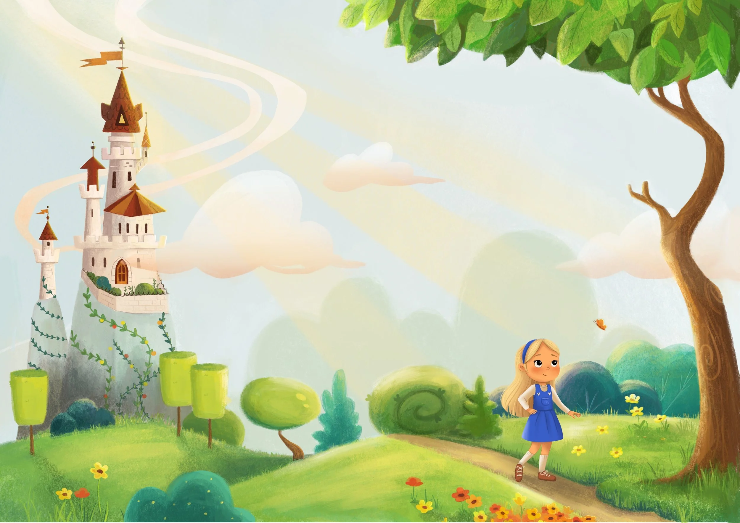 A colorful illustrated scene from a fairy tale with a princess standing on a grassy path near a tree, a castle on a hill in the background, and vibrant trees and flowers surrounding the scene.