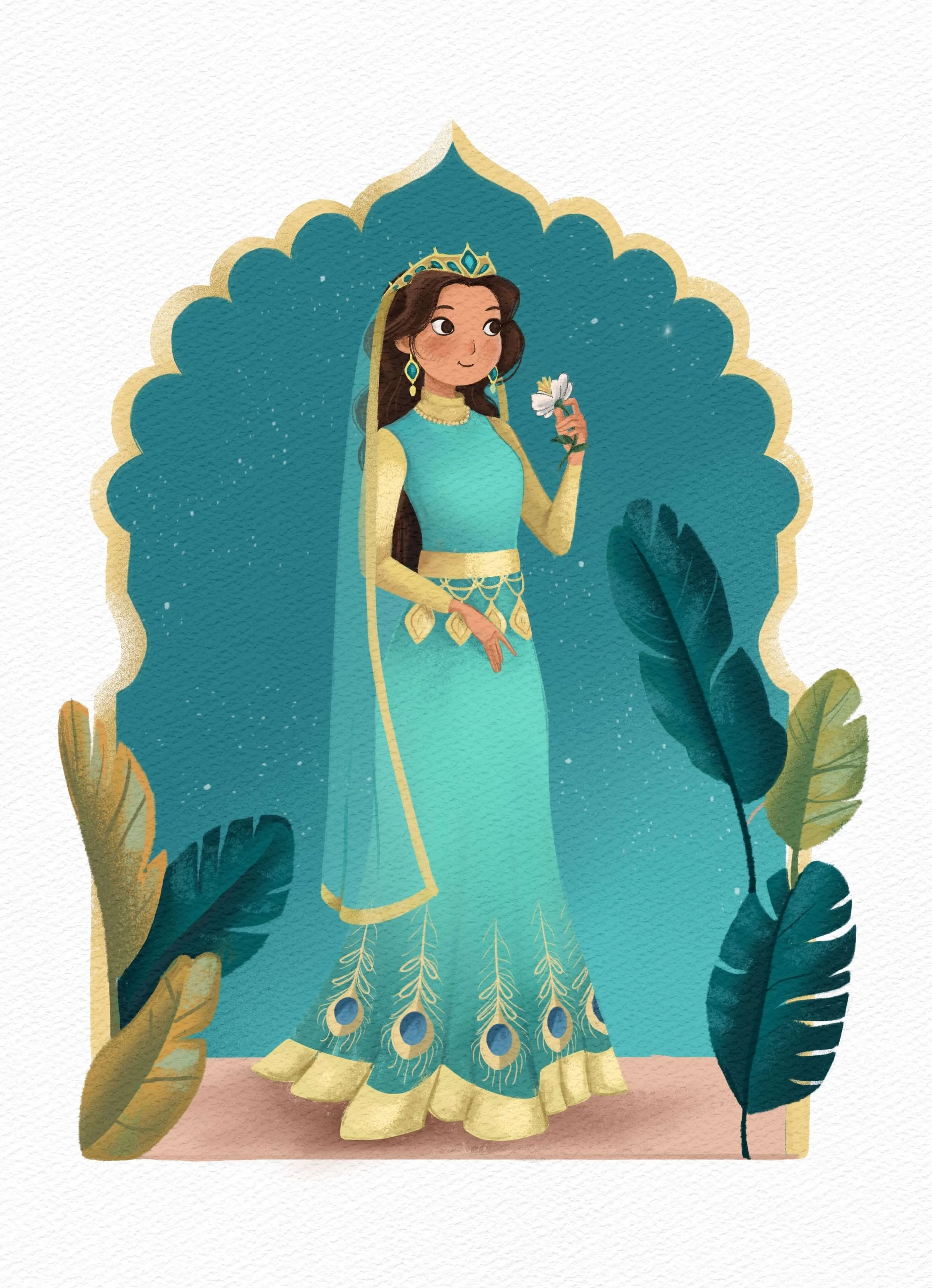 Illustration of Queen Esther dressed in a turquoise and yellow traditional dress, holding a white flower, standing in front of a decorative background with leaves.
