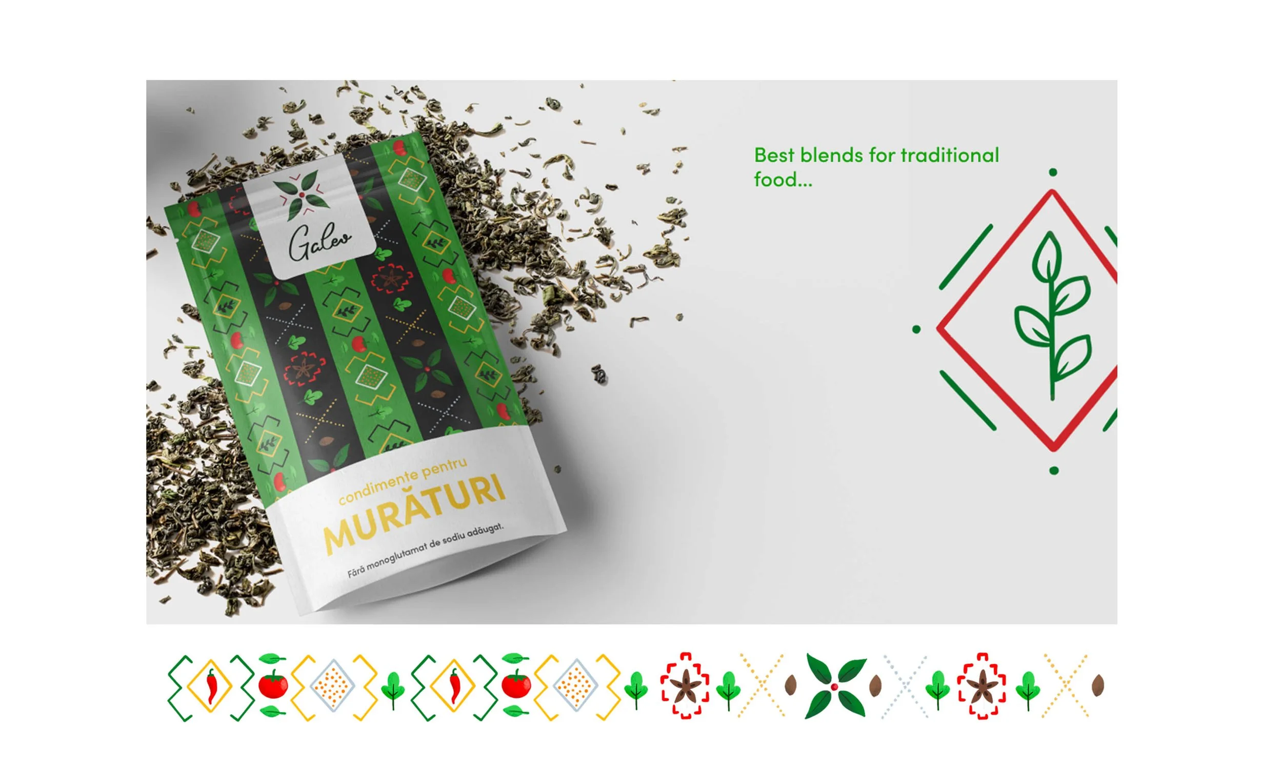 Package of herb spices with dried herbs spilling out, featuring a colorful label with the word "Gale" and Romanian text about seasoning without added salt, on a white background with green, red, and black graphic elements and decorative border.