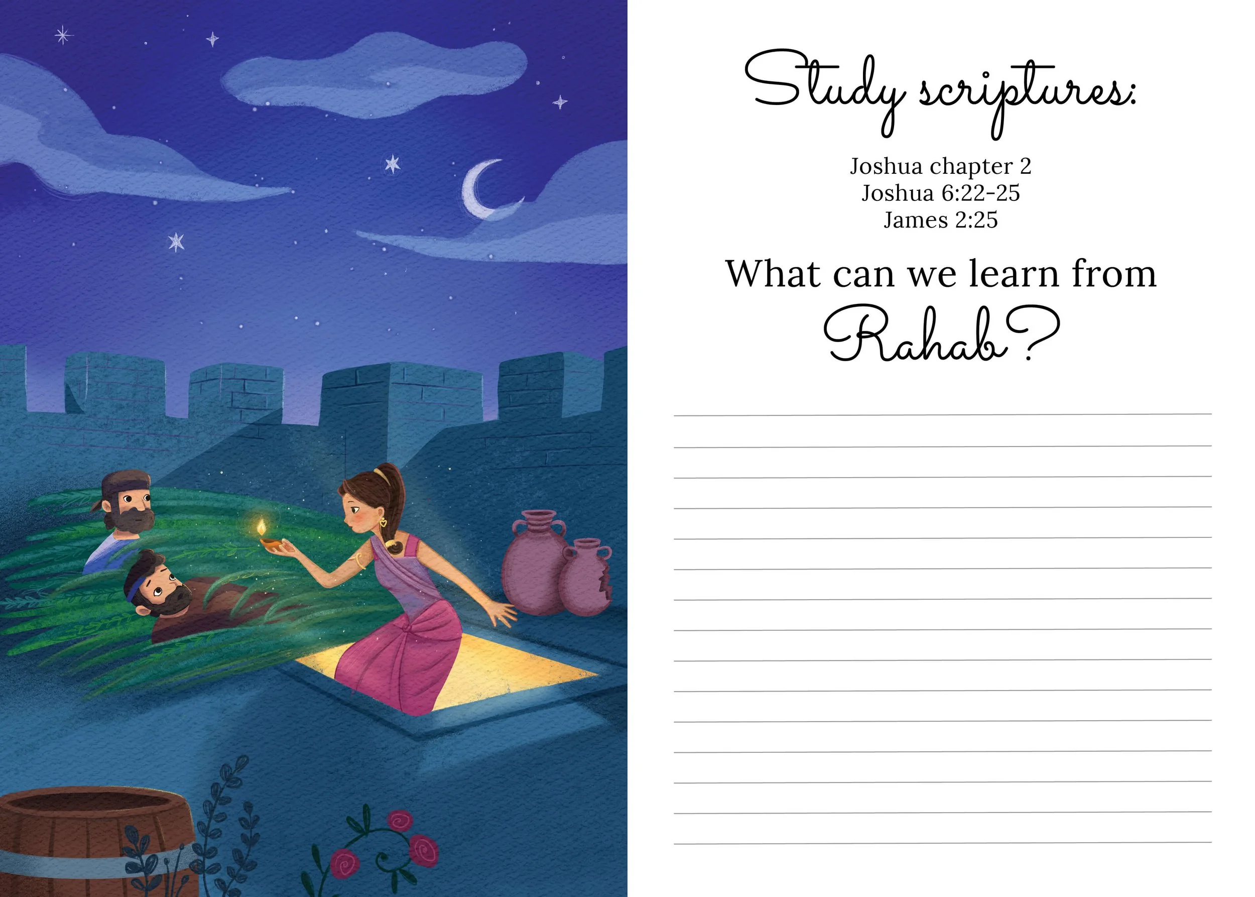 A digital illustration of the biblical story of Rahab. It depicts Rahab hiding two men in her house on a rooftop, with a city wall and buildings in the background. The night sky shows stars, a crescent moon, and clouds. The right side of the image fe