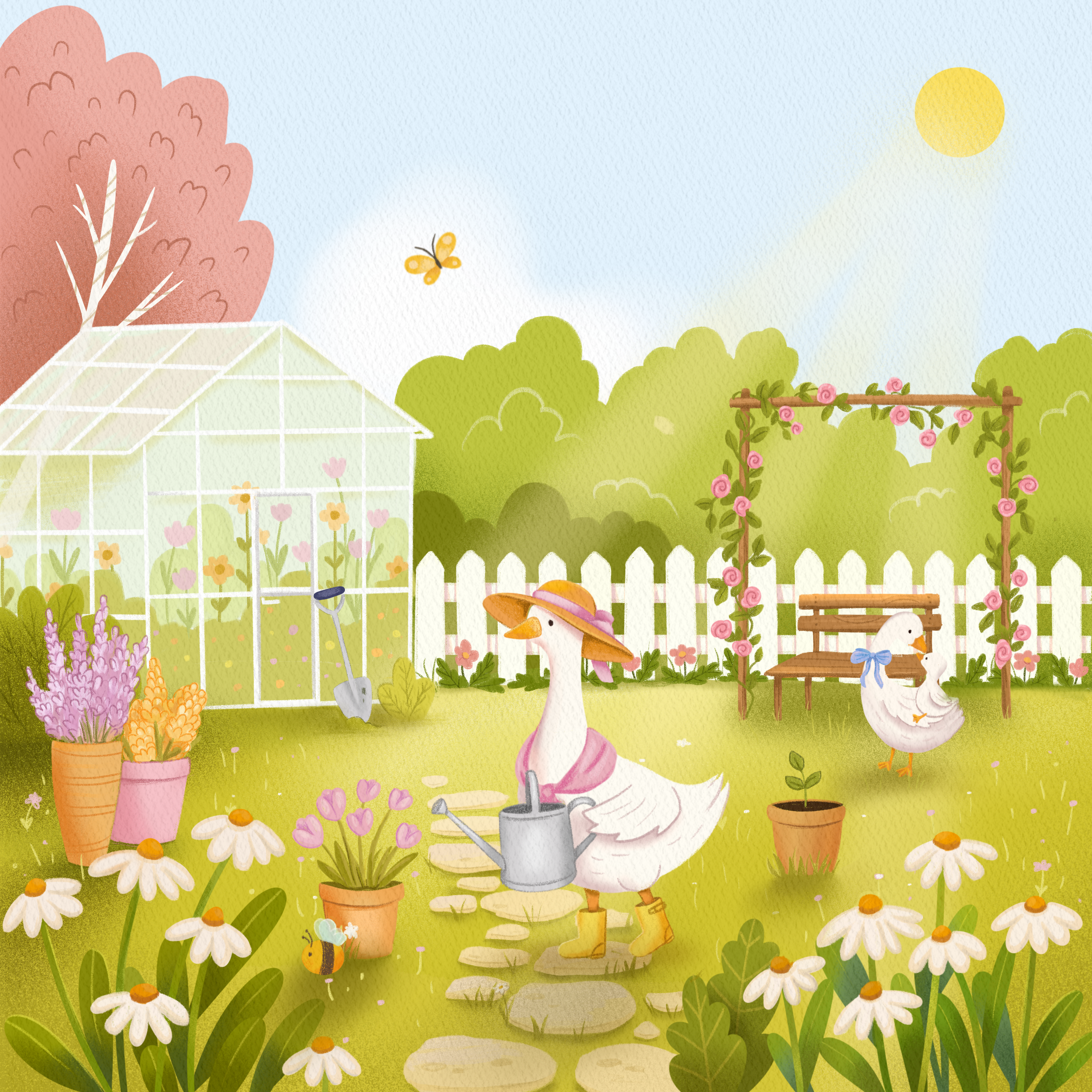 A colorful illustration of a garden scene with a greenhouse, a pink flamingo pushing a wheelbarrow, a duck on a bench, various flowers, and a white picket fence under a yellow sun.