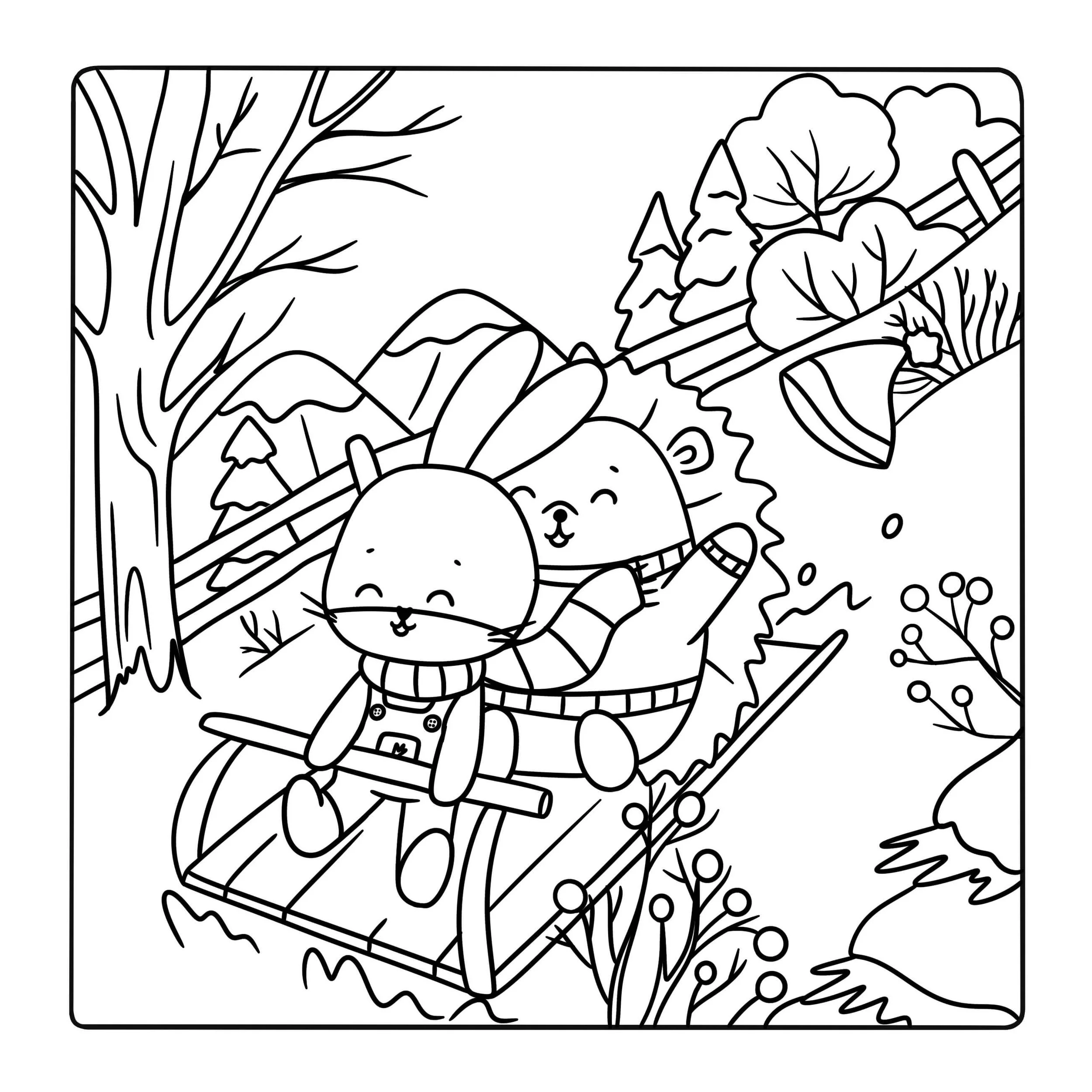Black and white line drawing of a box filled with various vegetables including a carrot, a broccoli crown, a leek, and leafy greens.