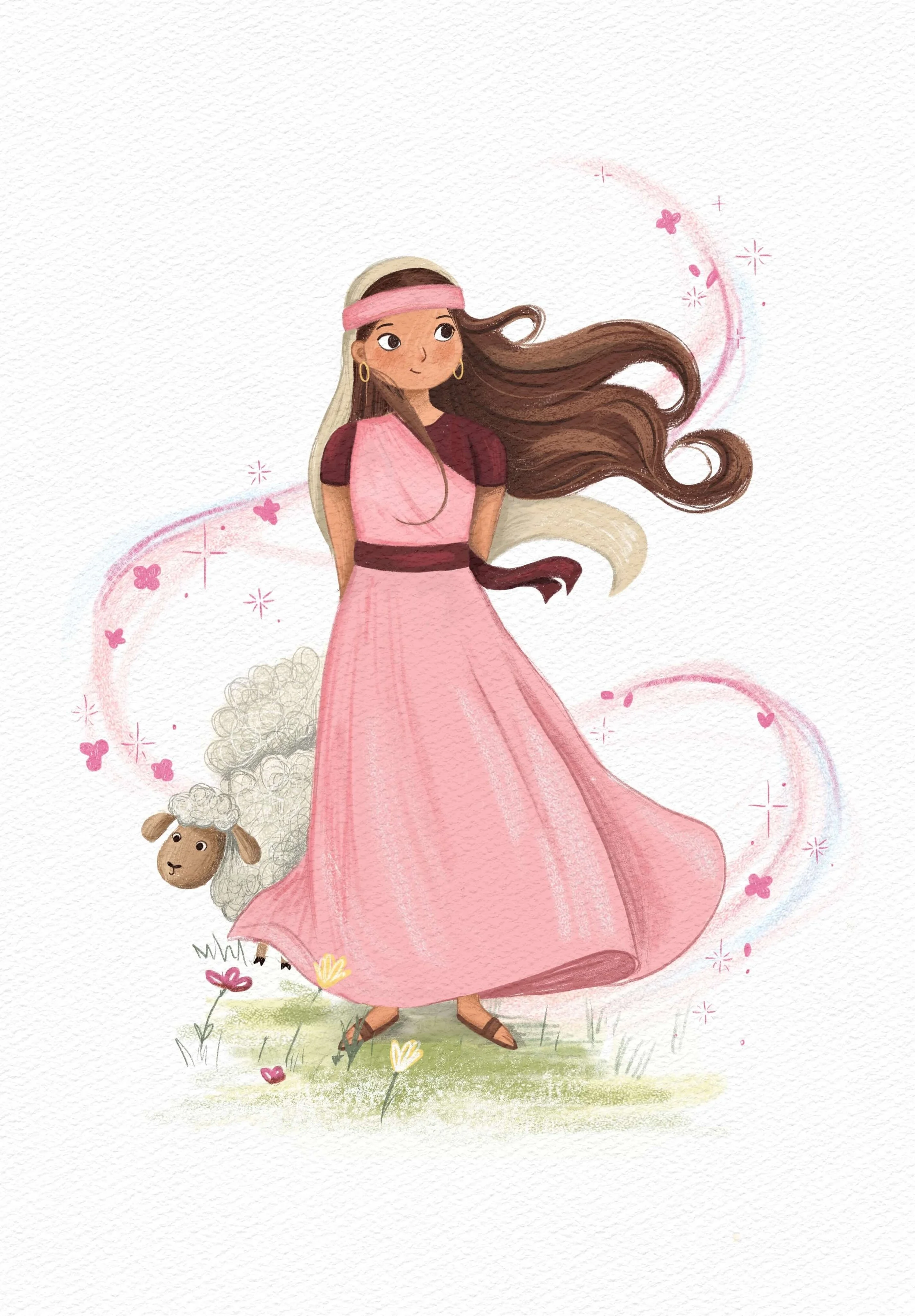 A digital illustration of a girl with long brown hair wearing a pink dress, headband, and gold earrings, standing on grass with flowers. A sheep stands nearby, and pink sparkles and hearts swirl around her.
