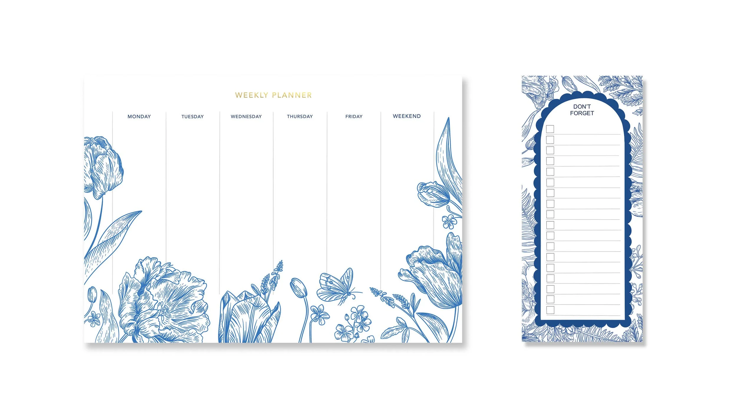 A weekly planner with floral blue designs on a white background, featuring days of the week and a checklist for reminders.