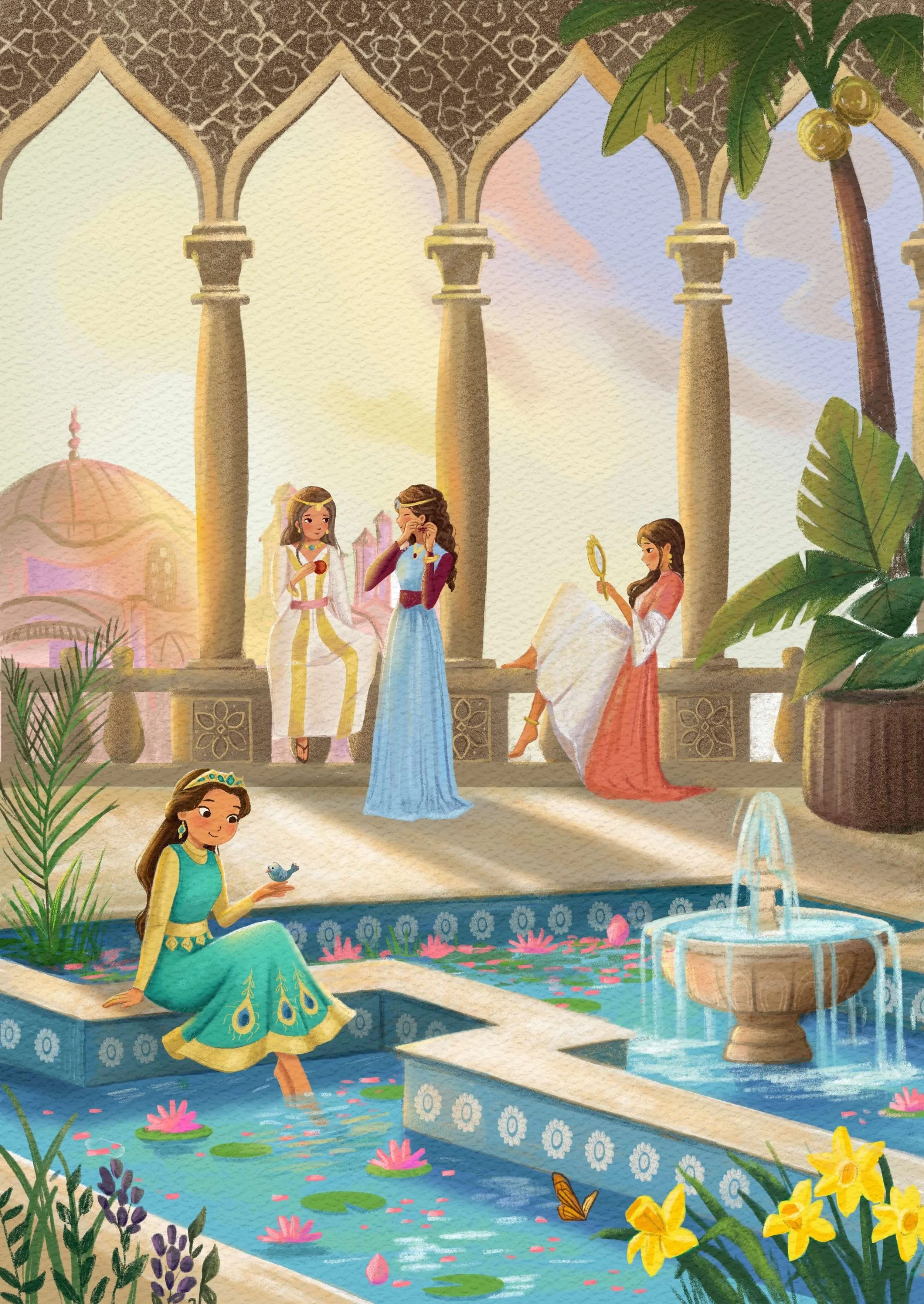Illustration of Esther and other women from biblical times, with a sunset sky in the background.
