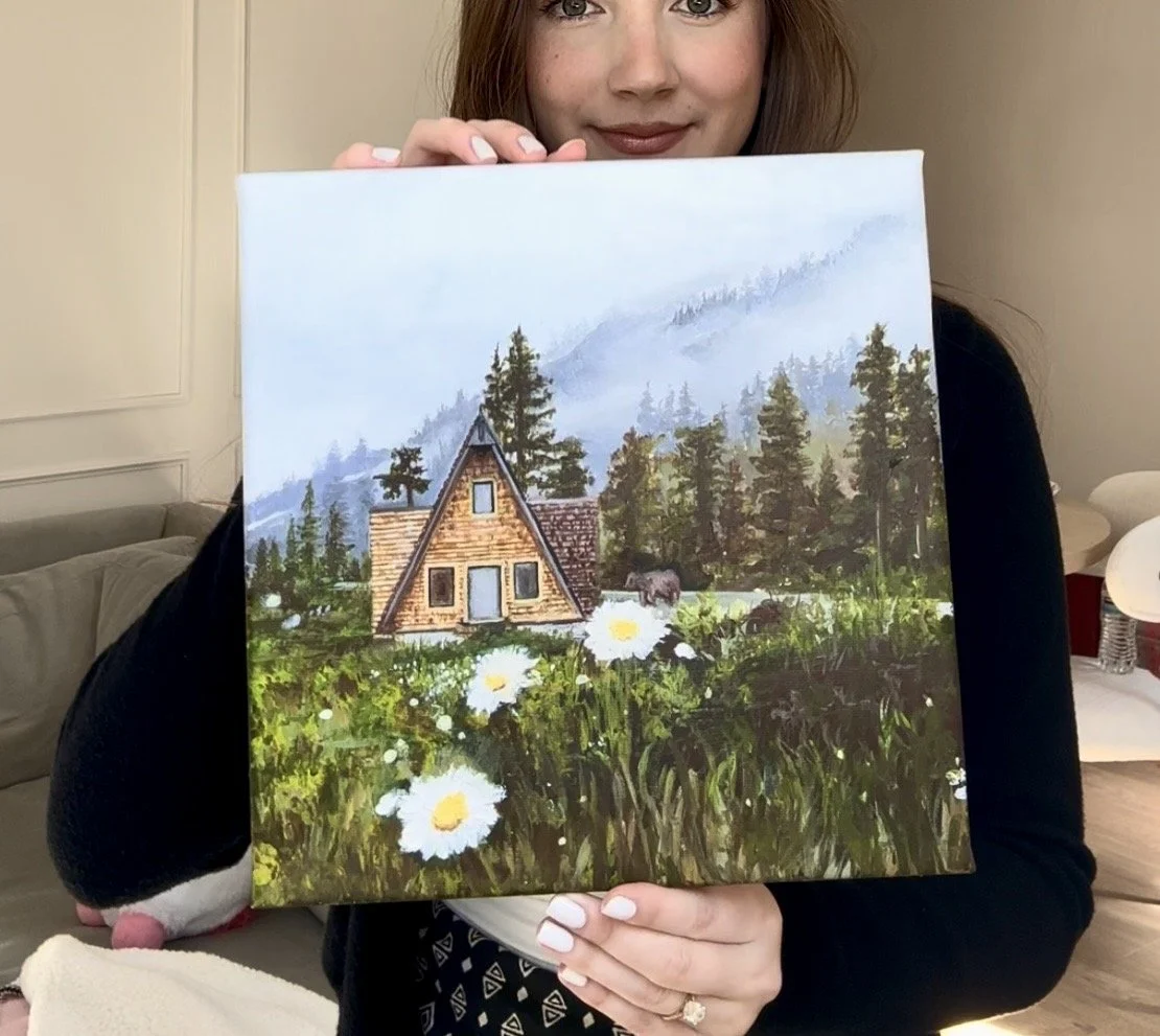 Painting of a mountain landscape with a wooden house, pine trees, and daisies in the foreground.