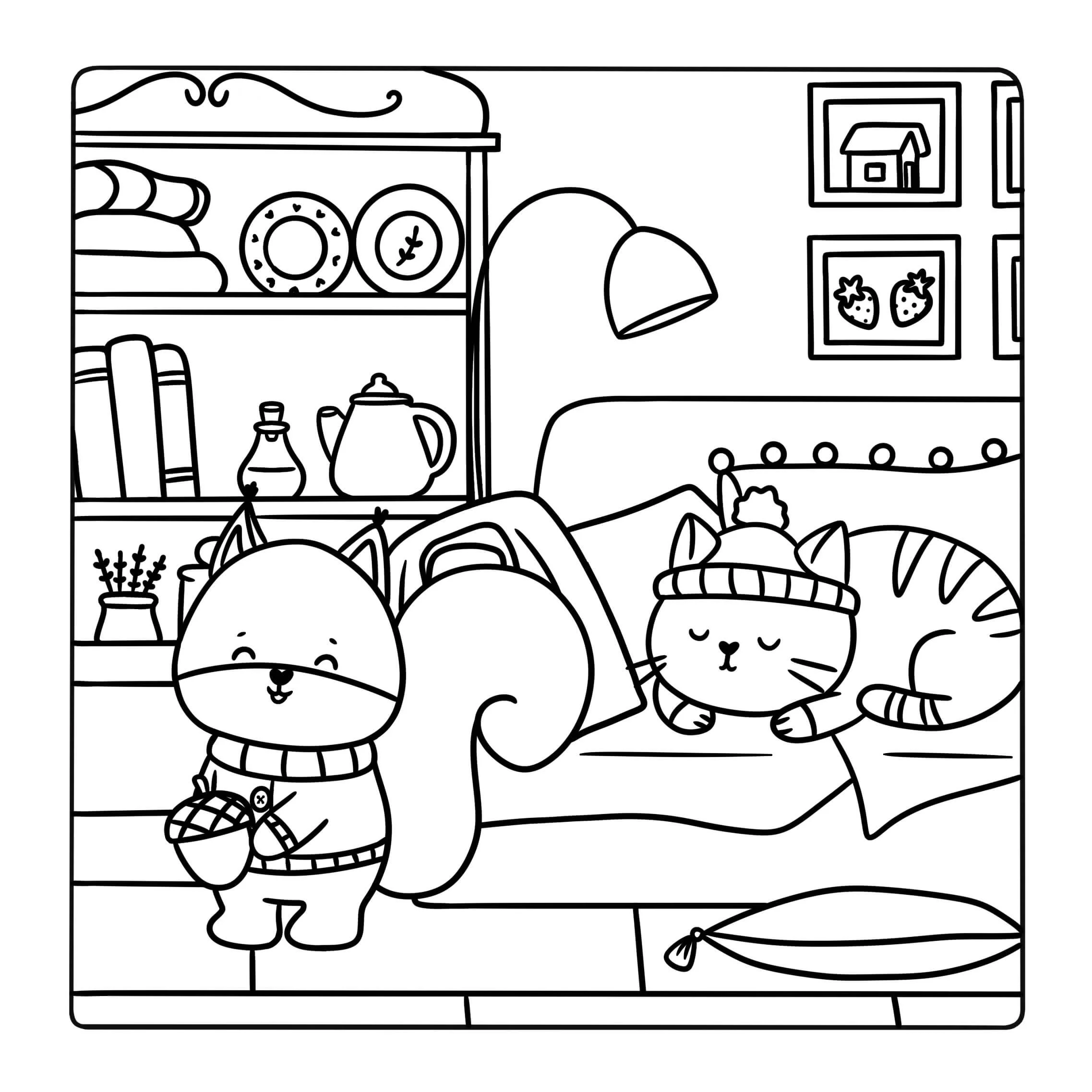 Black and white line drawing of a house with a garden, including a cat, a squirrel, and a bird, along with various plants and seating areas.
