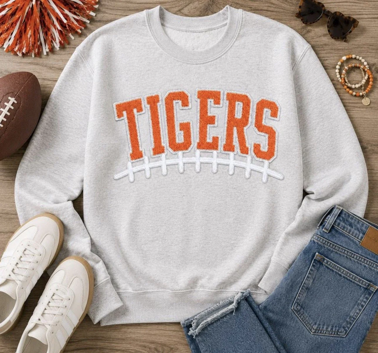TIGERS Chenille Football Laces Crewneck Sweatshirt