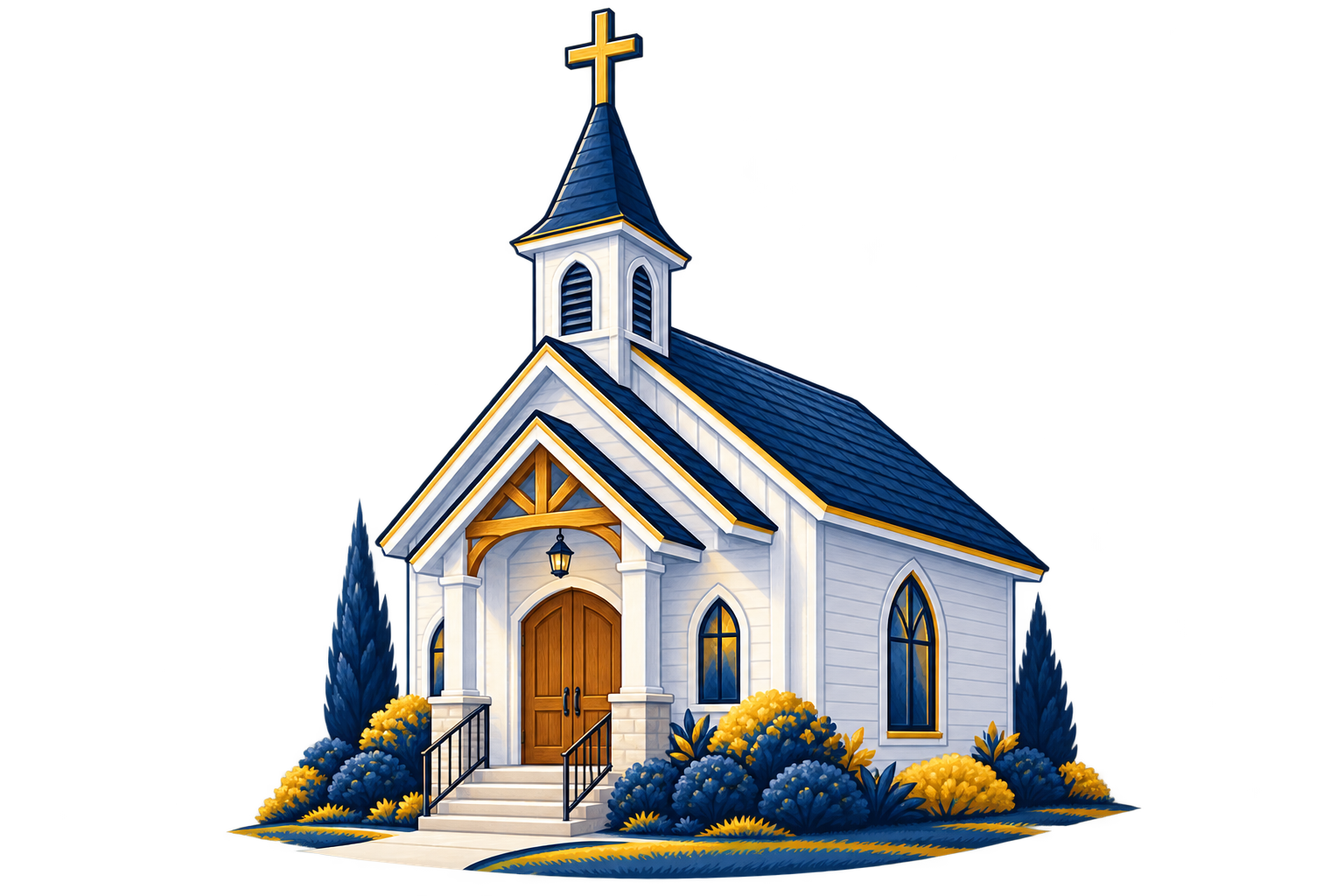 Colorful illustration of a small white church with blue roof, steeple, and a cross on top, surrounded by yellow and blue bushes.
