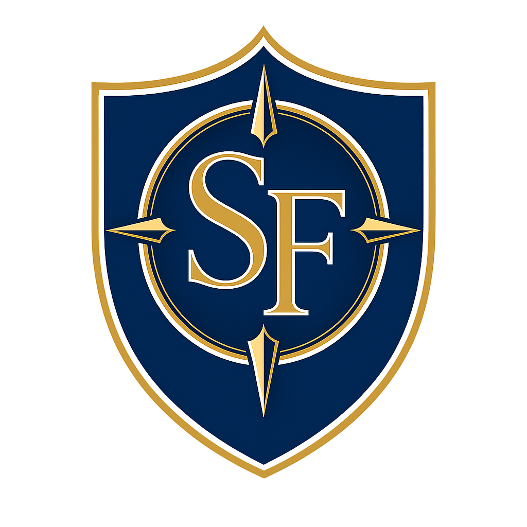 A dark blue shield emblem with gold outlines and a gold border, featuring the letters 'SF' in gold at the center, with a compass rose design behind the letters.