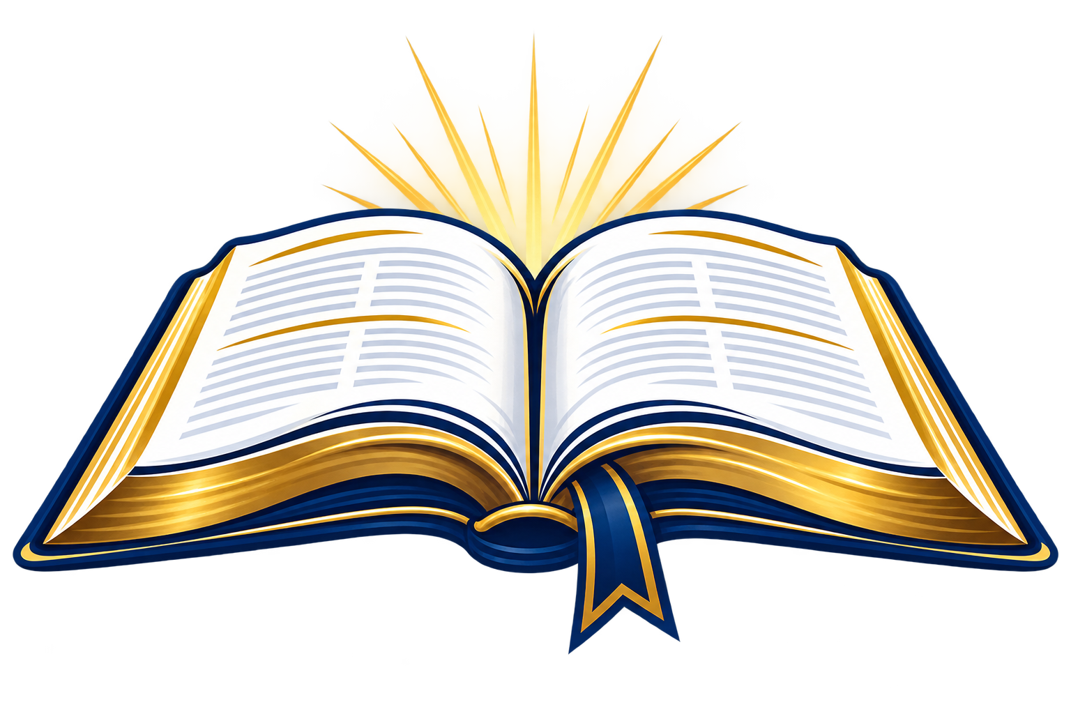 An open book with gold accents and a navy blue ribbon bookmark, emitting radiant light from behind.