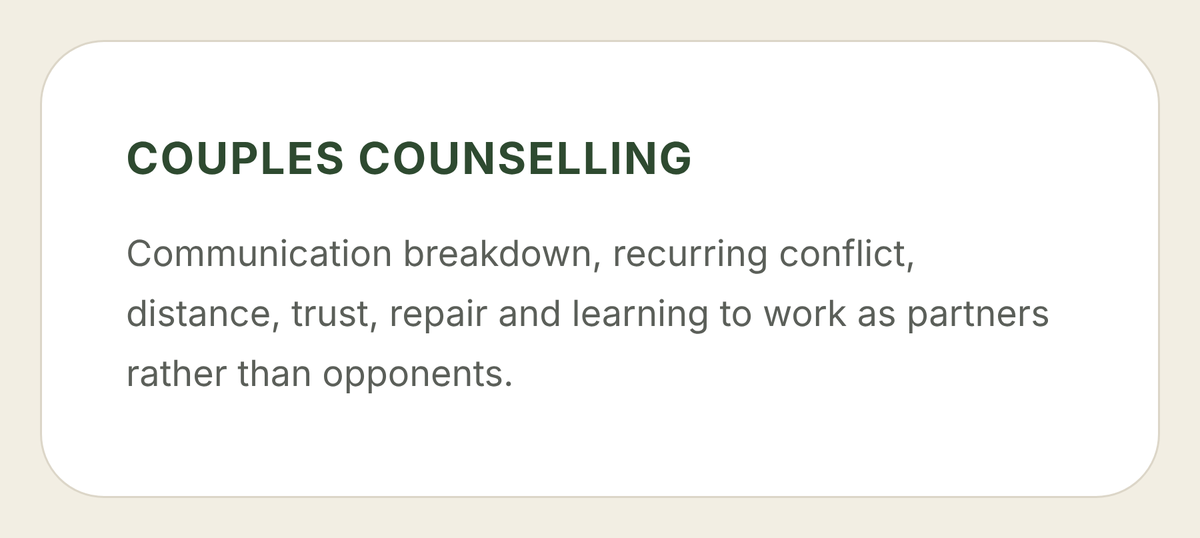 Information card titled 'Couples Counseling' with bullet points about communication, conflict resolution, trust, repair, and working as partners.