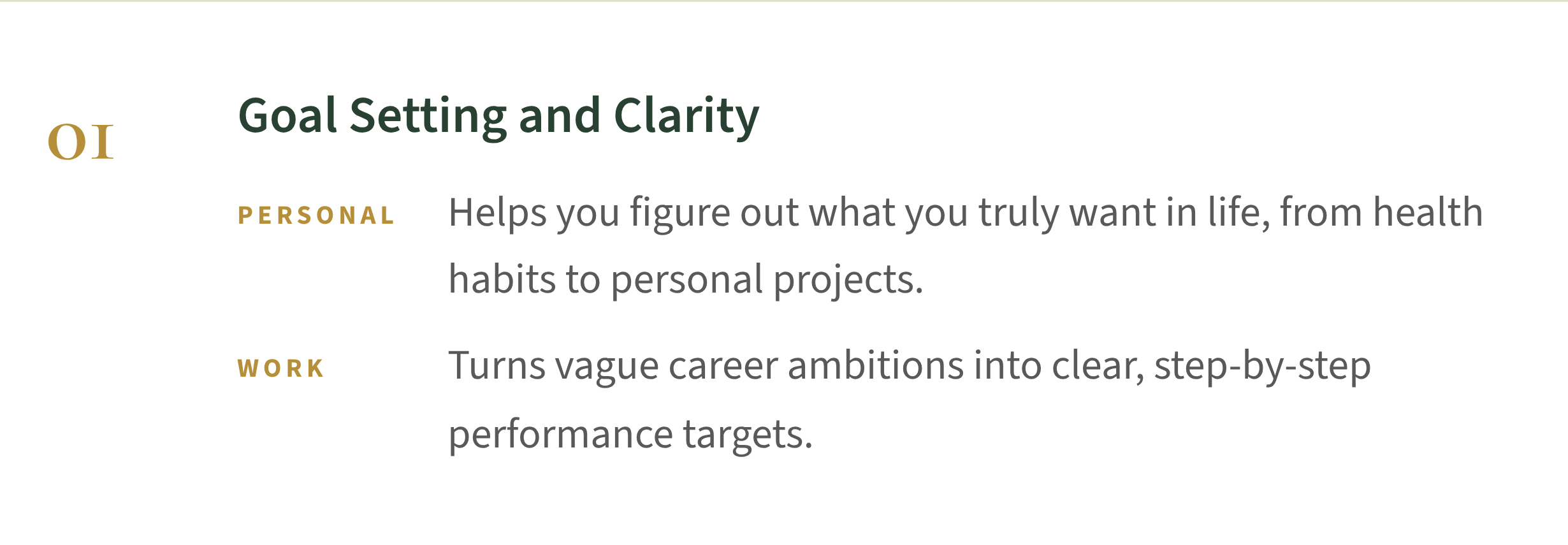 Slide titled 'Goal Setting and Clarity' with sections 'Personal' and 'Work' explaining goal setting benefits.