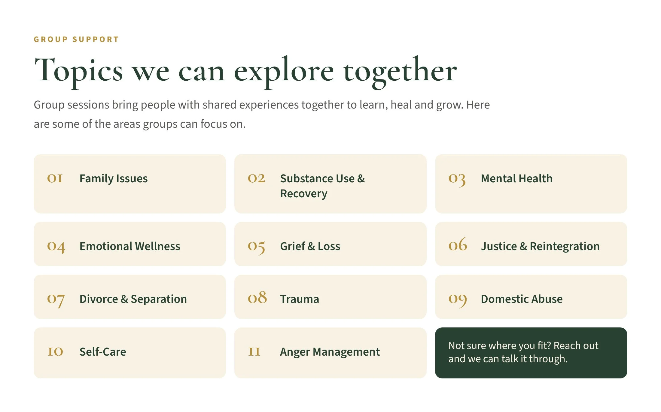 A webpage titled 'Topics we can explore together' listing 12 group support topics, including Family Issues, Substance Use & Recovery, Mental Health, Emotional Wellness, Grief & Loss, Justice & Reconciliation, Divorce & Separation, Trauma, Domestic Abuse, Self-Care, Anger Management, with a note about reaching out if unsure where to fit.