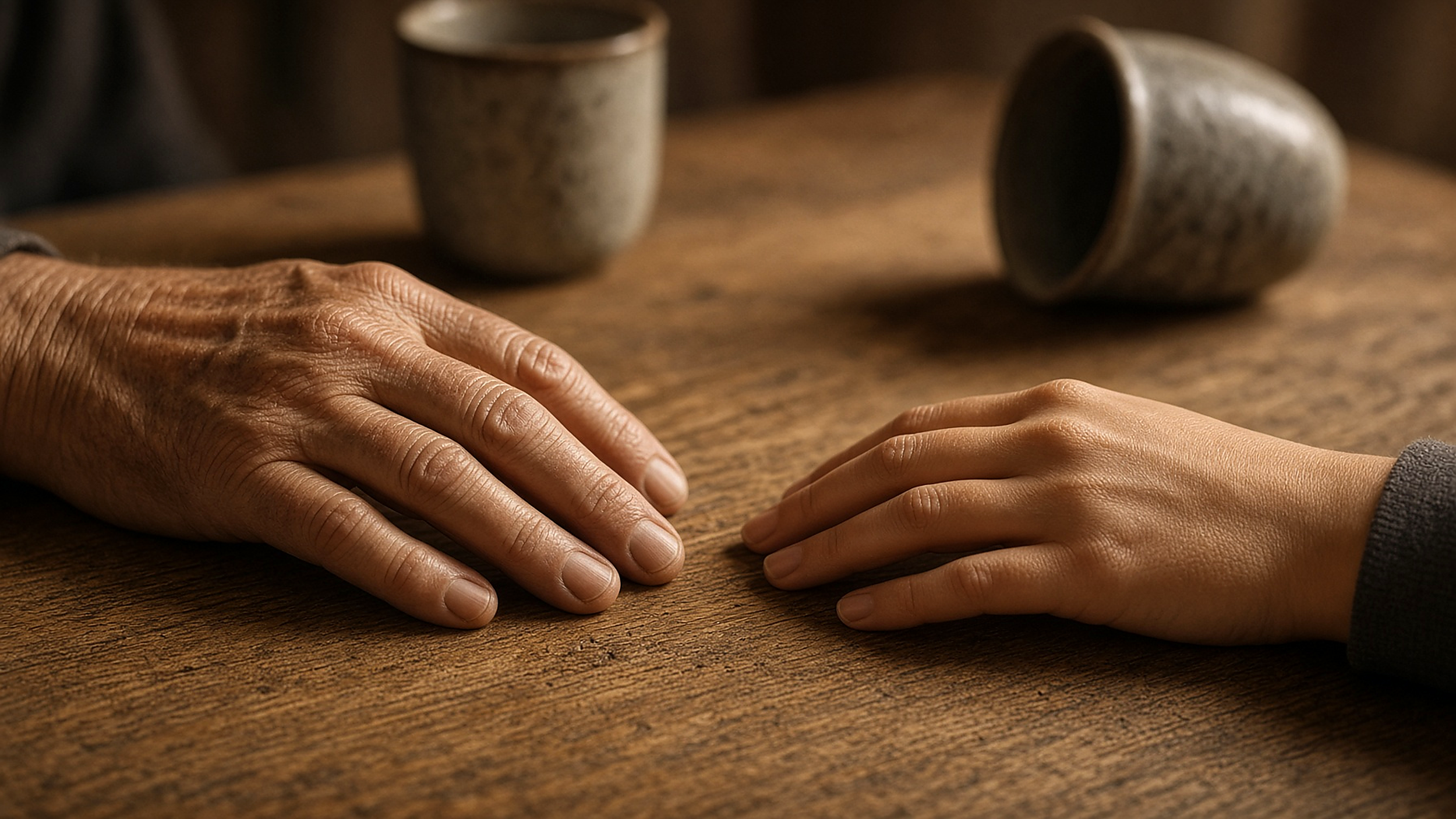 Two pairs of hands, one older with wrinkles and one younger, gently touching each other on a wooden surface, with two ceramic cups in the background.