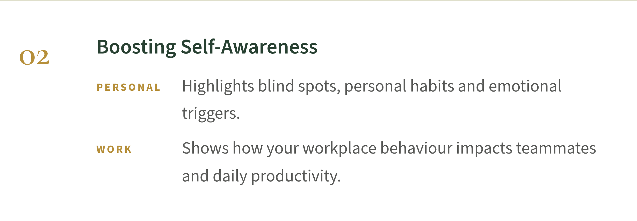 Slide titled 'Boosting Self-Awareness' with the subtitle '02'. The slide discusses personal awareness, highlighting blind spots, habits, and emotional triggers, and work impact on team dynamics and productivity.
